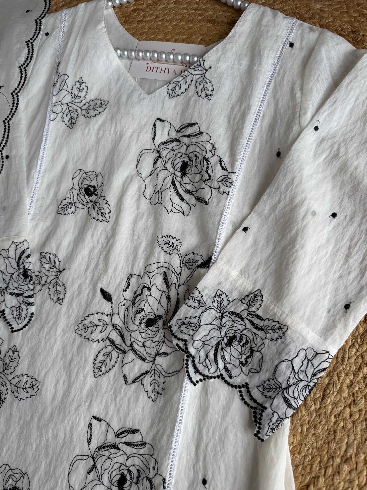 K065 - Crushed Surat Mul chanderi embroidered Aline Kurti with pants and dupatta
