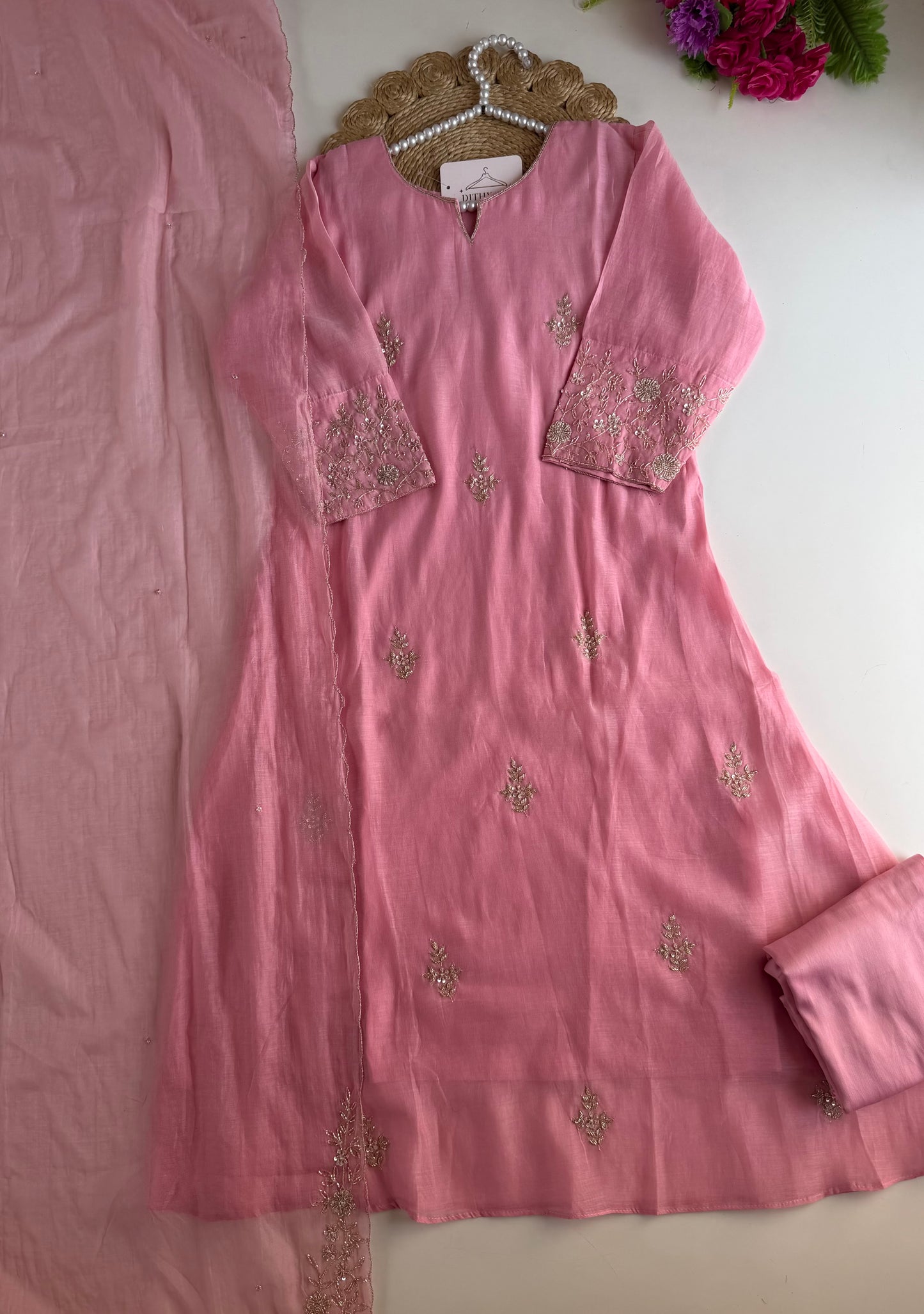 K639 - Mul chanderi handwork aline Kurti with pants and dupatta
