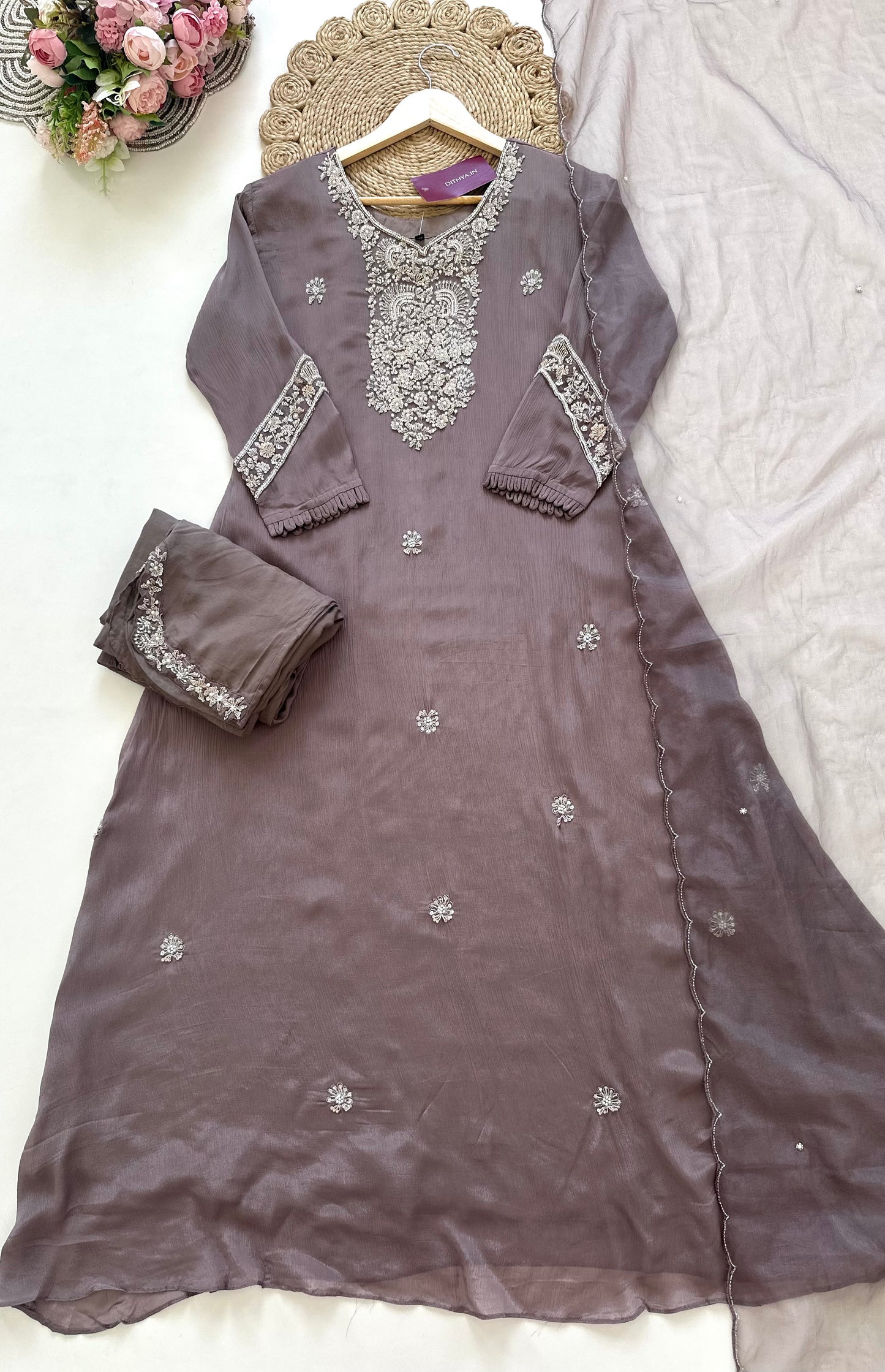 K382 - Pure chinnon handwork Anarkali with pants and dupatta.