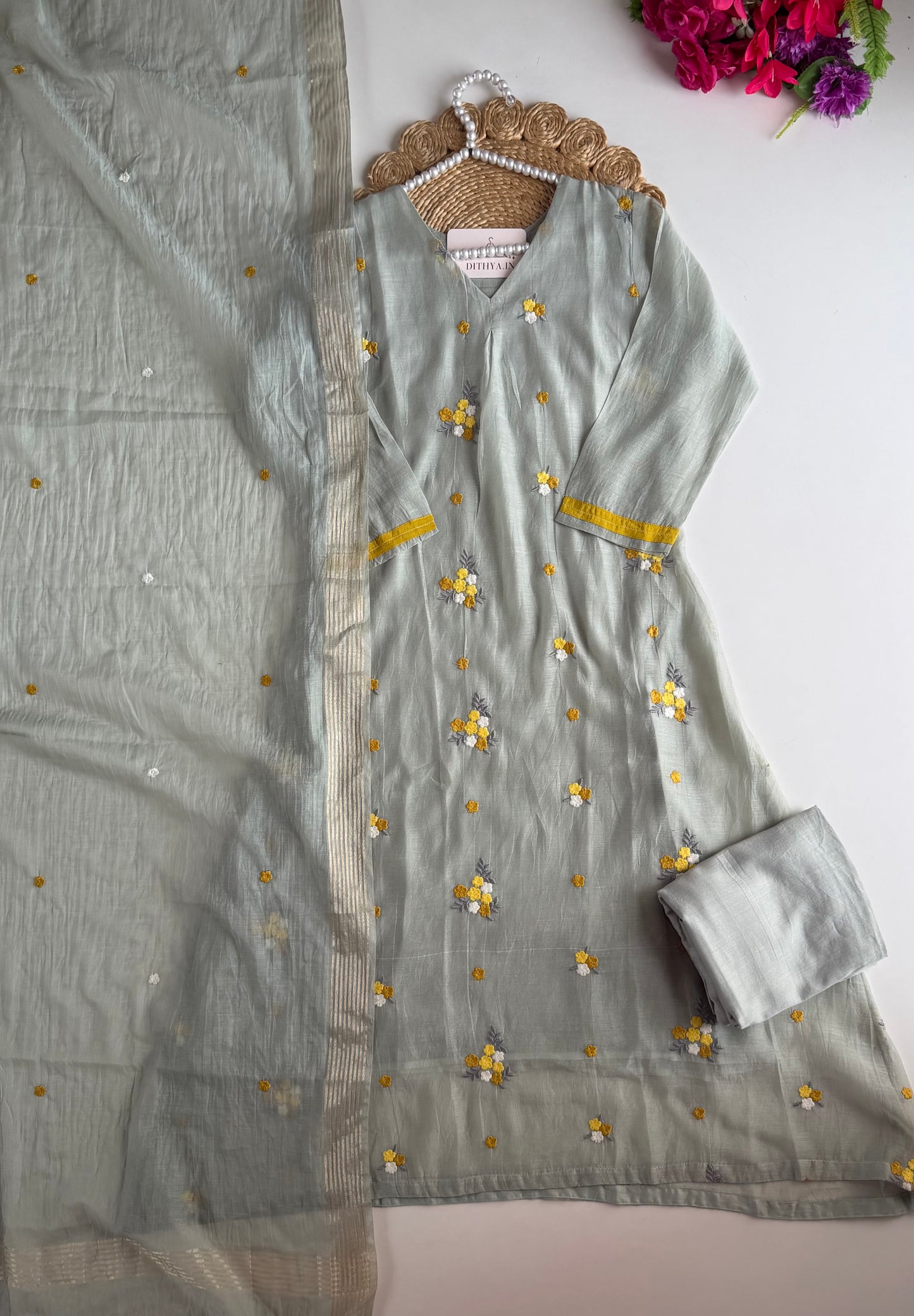 K724 - Mul chanderi embroidered Aline Kurti with pants and dupatta