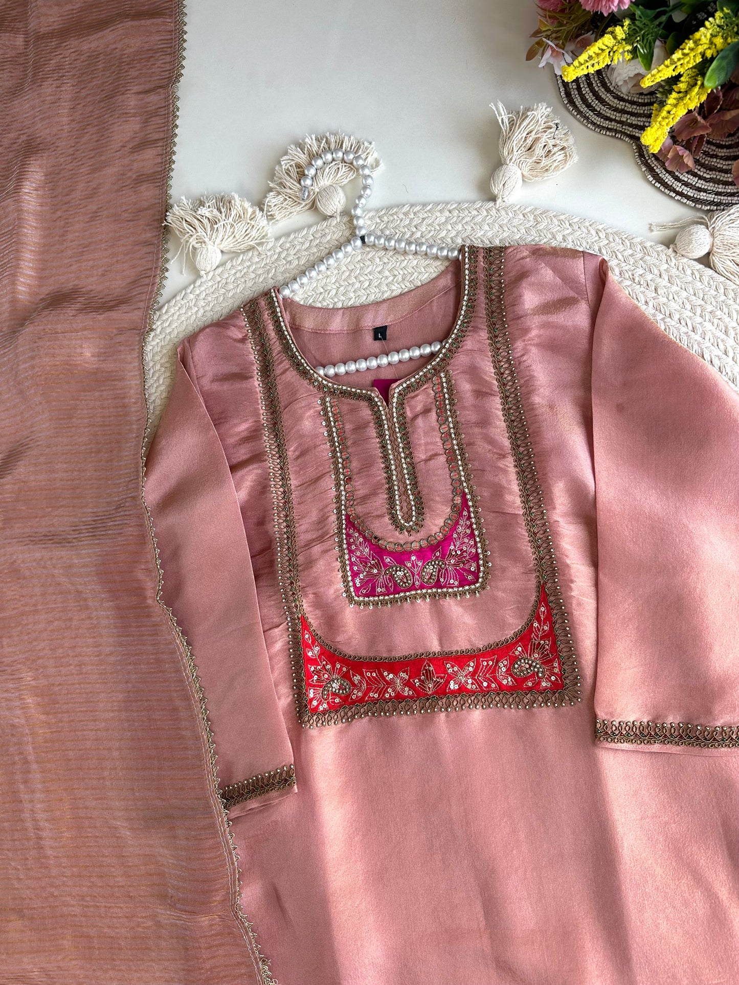 K421 - Tissue silk handwork straight Kurti with pants and dupatta in 2 colours
