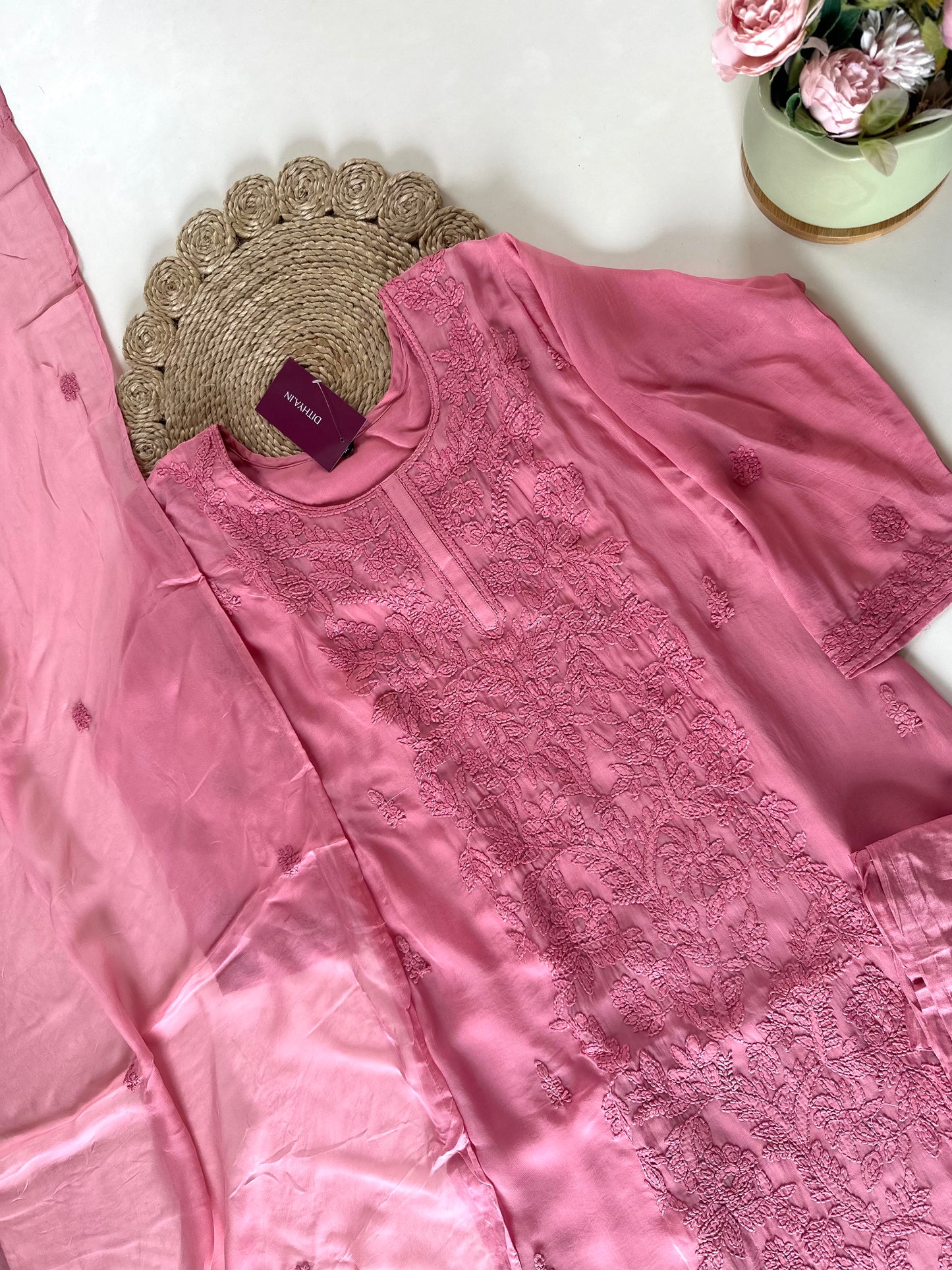 K146 - Chikankari Viscose organza straight kurti with straight pants and dupatta .