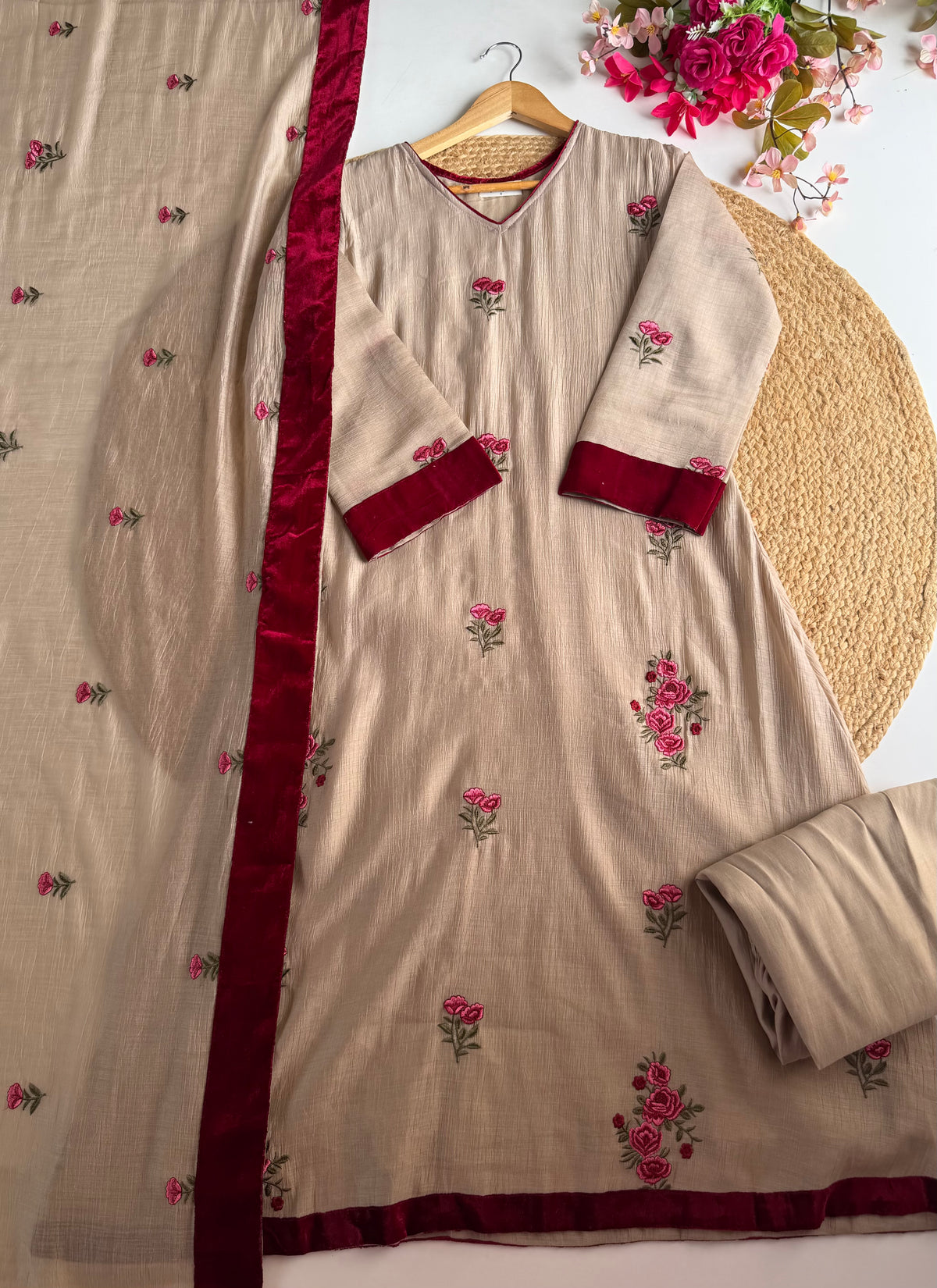 K083 - Crushed Mul cotton embroidered Aline Kurti with pants and dupatta