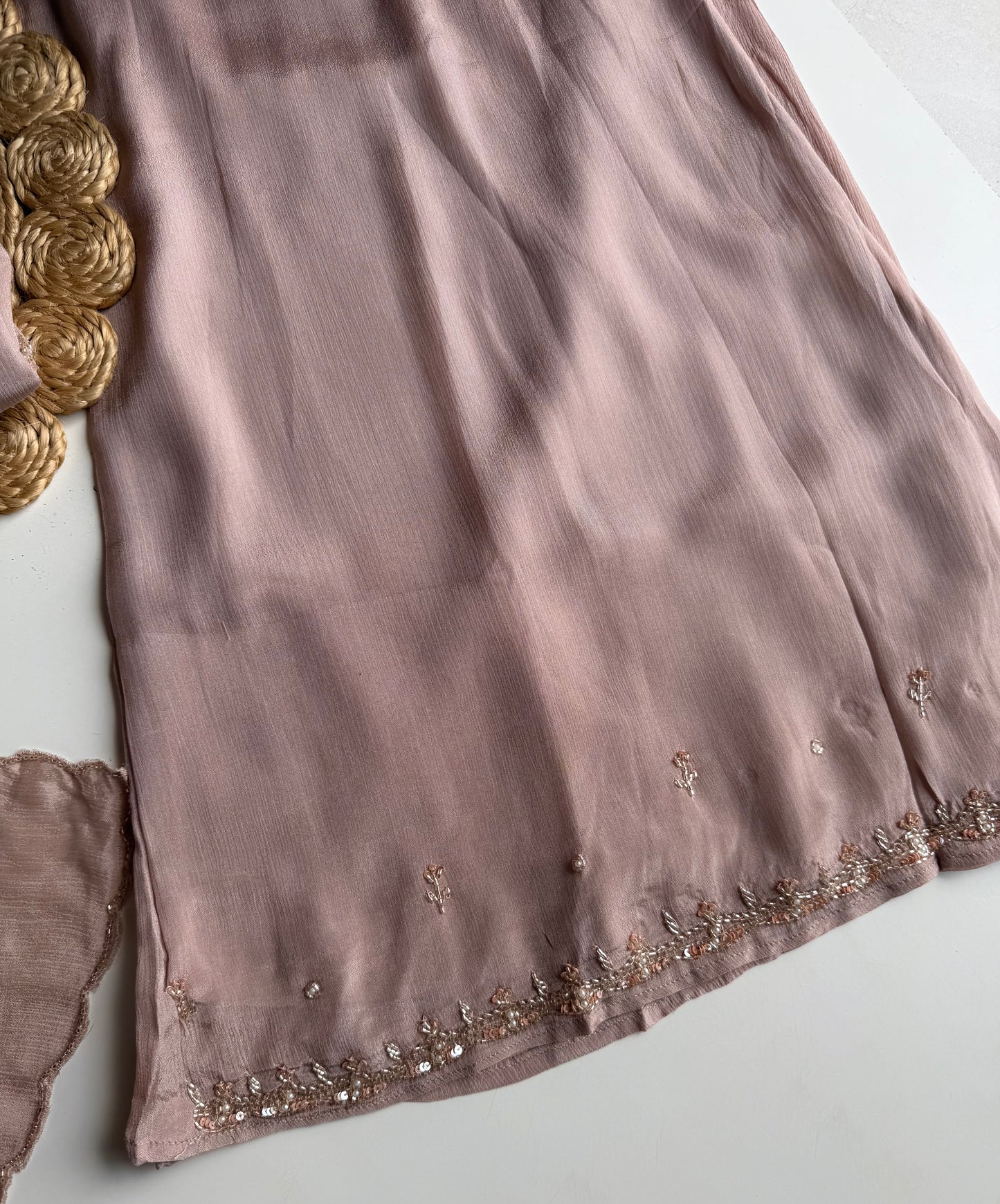 K534 - Chinnon handwork aline Kurti with divider pants and dupatta