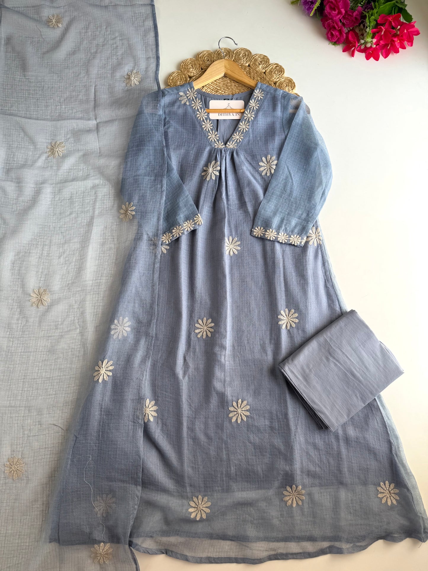 K713 - Kota doriya embroidered Aline Kurti with pants and dupatta