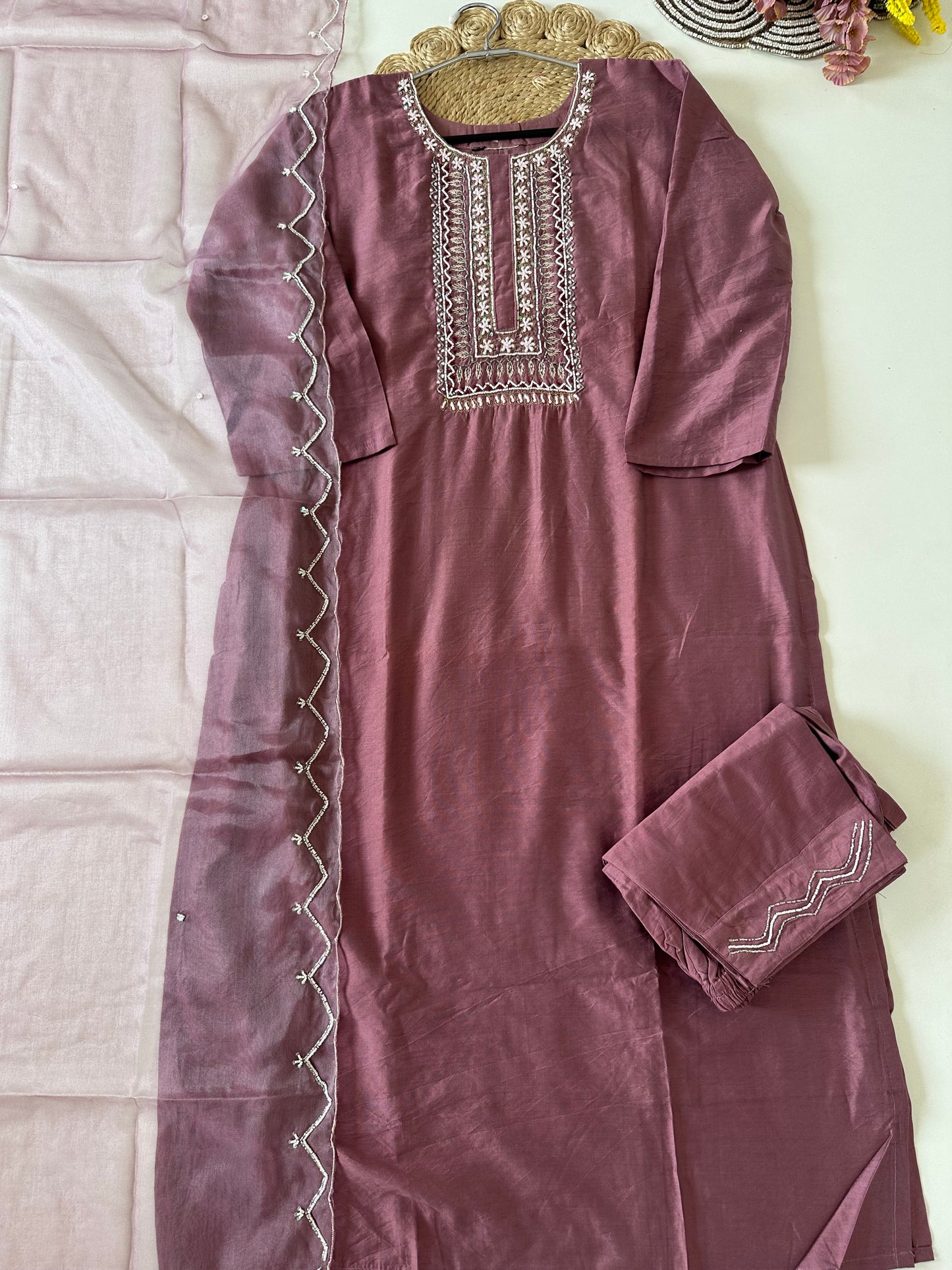 D128 - Roman silk handwork straight Kurti with pants and dupatta