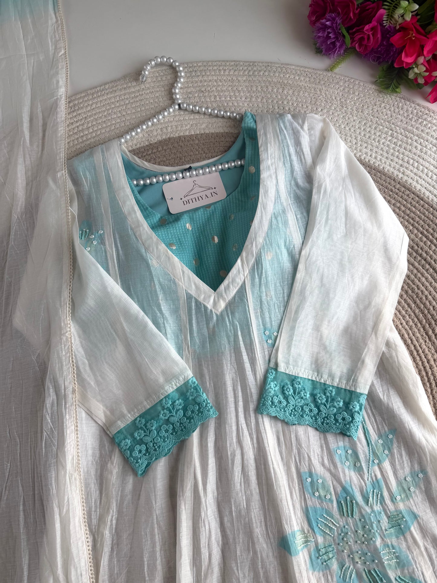 K696 - Mul chanderi Dual shaded handwork Anarkali with pants and dupatta