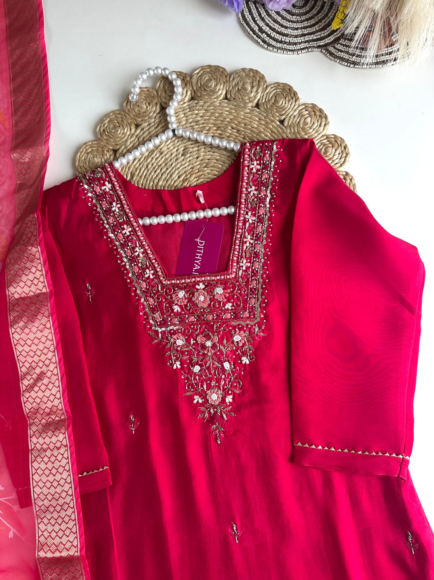 K110 - Roman silk handwork straight Kurti with pants and dupatta