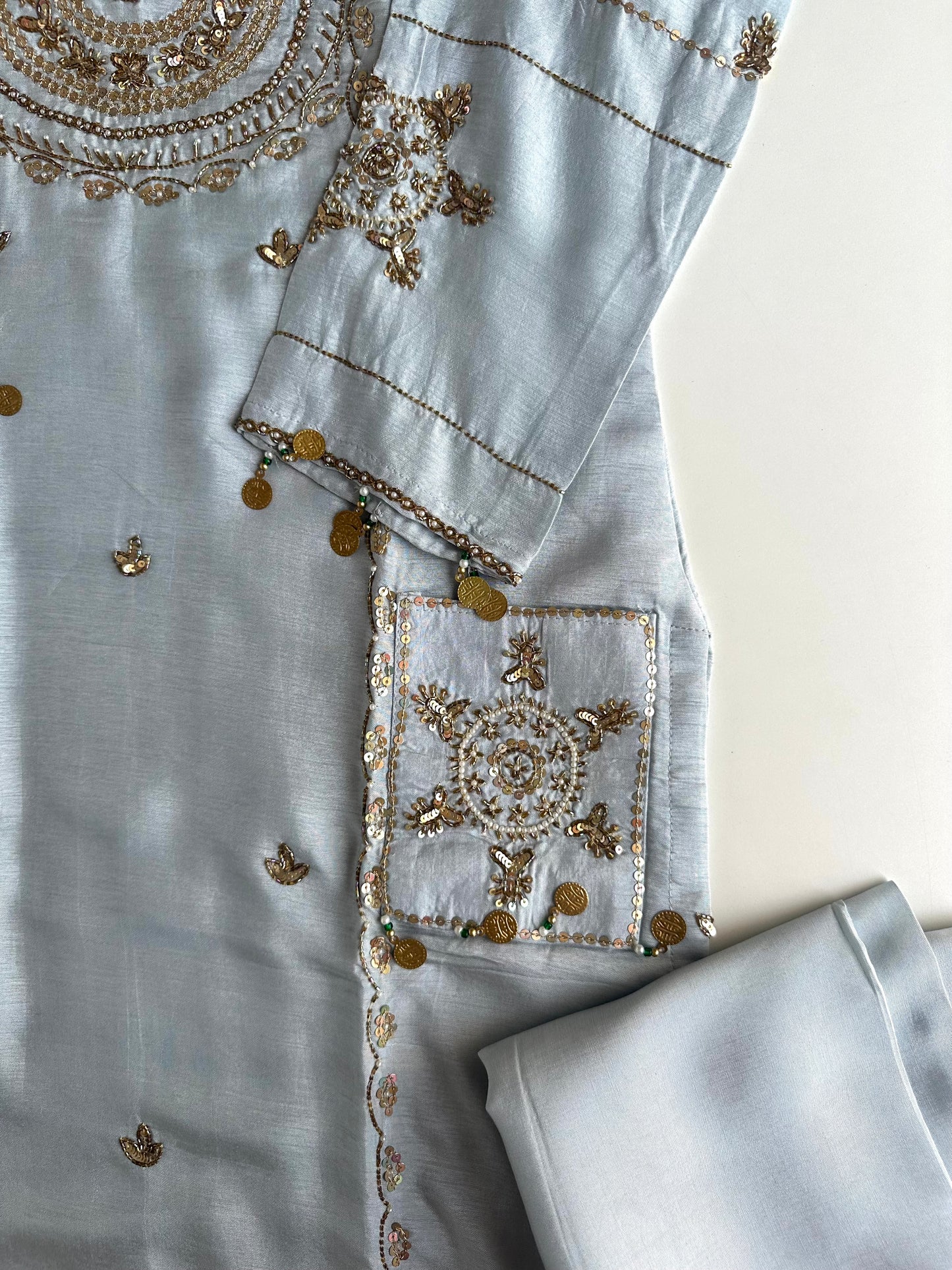 K188 - Russian silk handwork straight Kurti with pants and dupatta in 2 colours