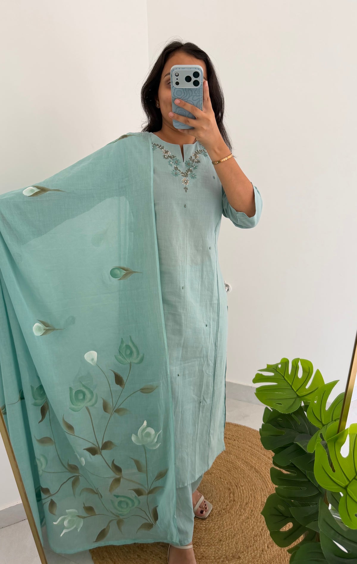 K624 - Mul cotton embroidered straight Kurti with pants and hand painted dupatta
