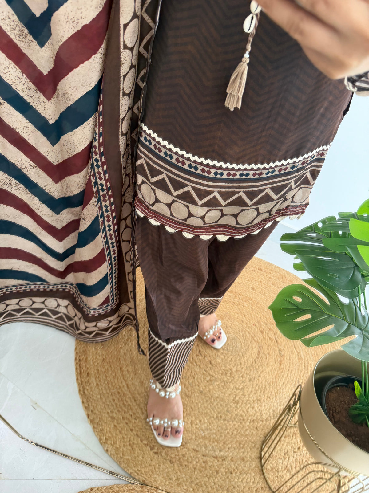 K371 - Pure crape Ajrakh handwork farshi salwar with dupatta and farshi pants