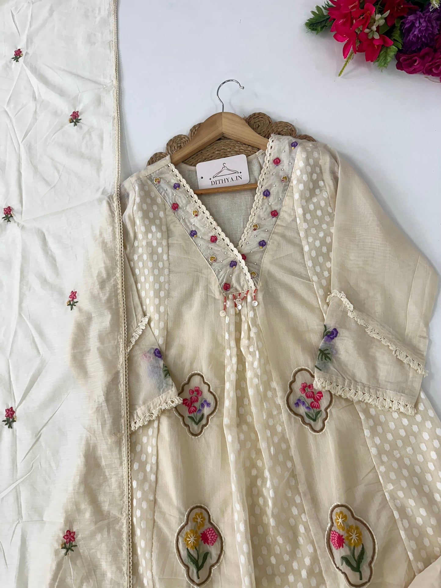 K380 - Mul chanderi embroidered Anarkali with pants and dupatta