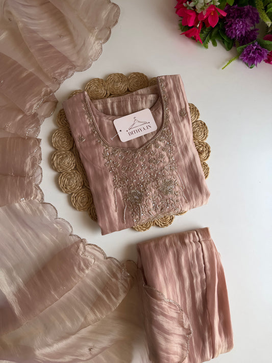 K425 - Glass tissue silk handwork straight Kurti with pants and dupatta