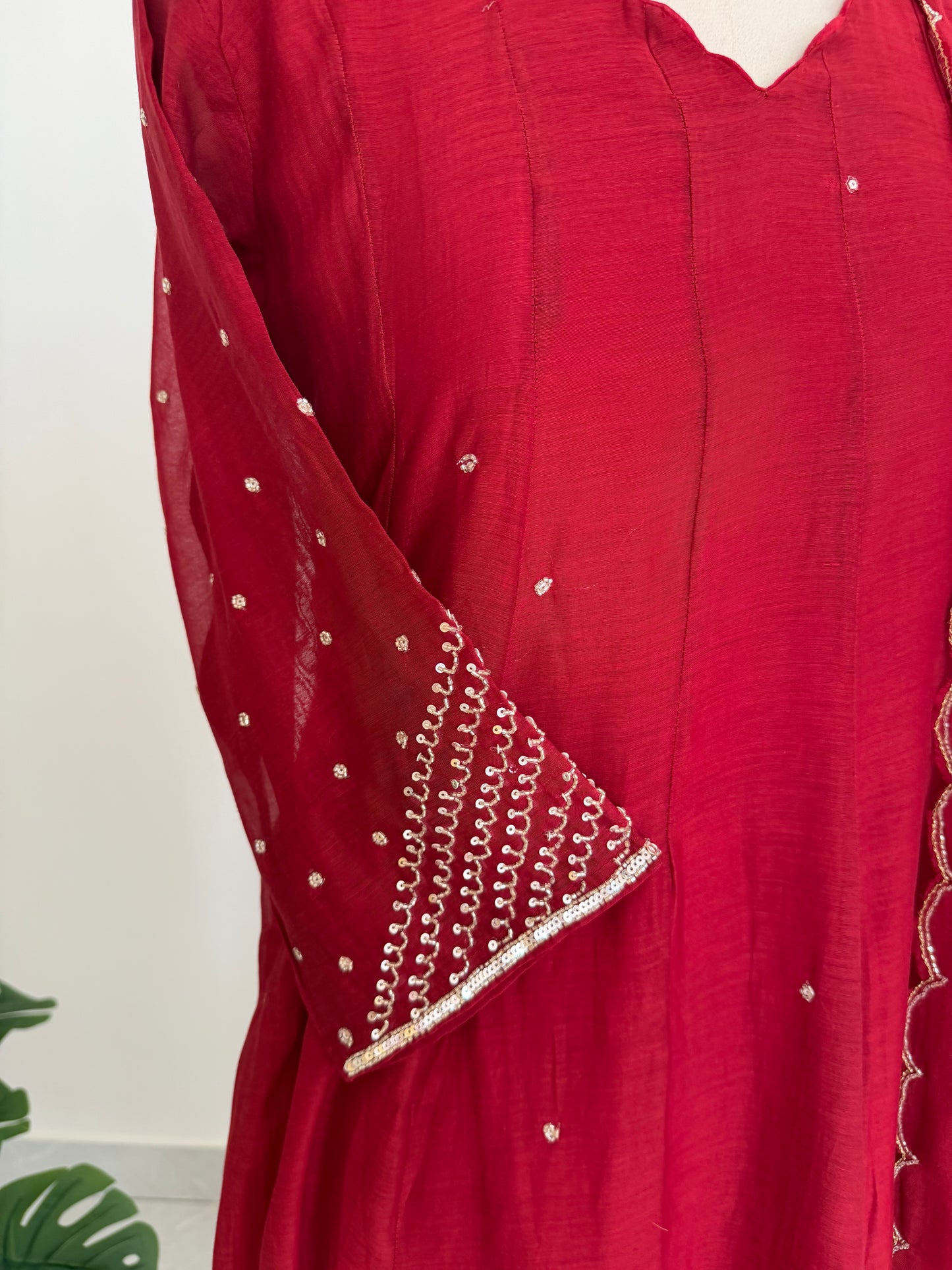 K630 - Mul chanderi handwork aline Kurti with pants and dupatta