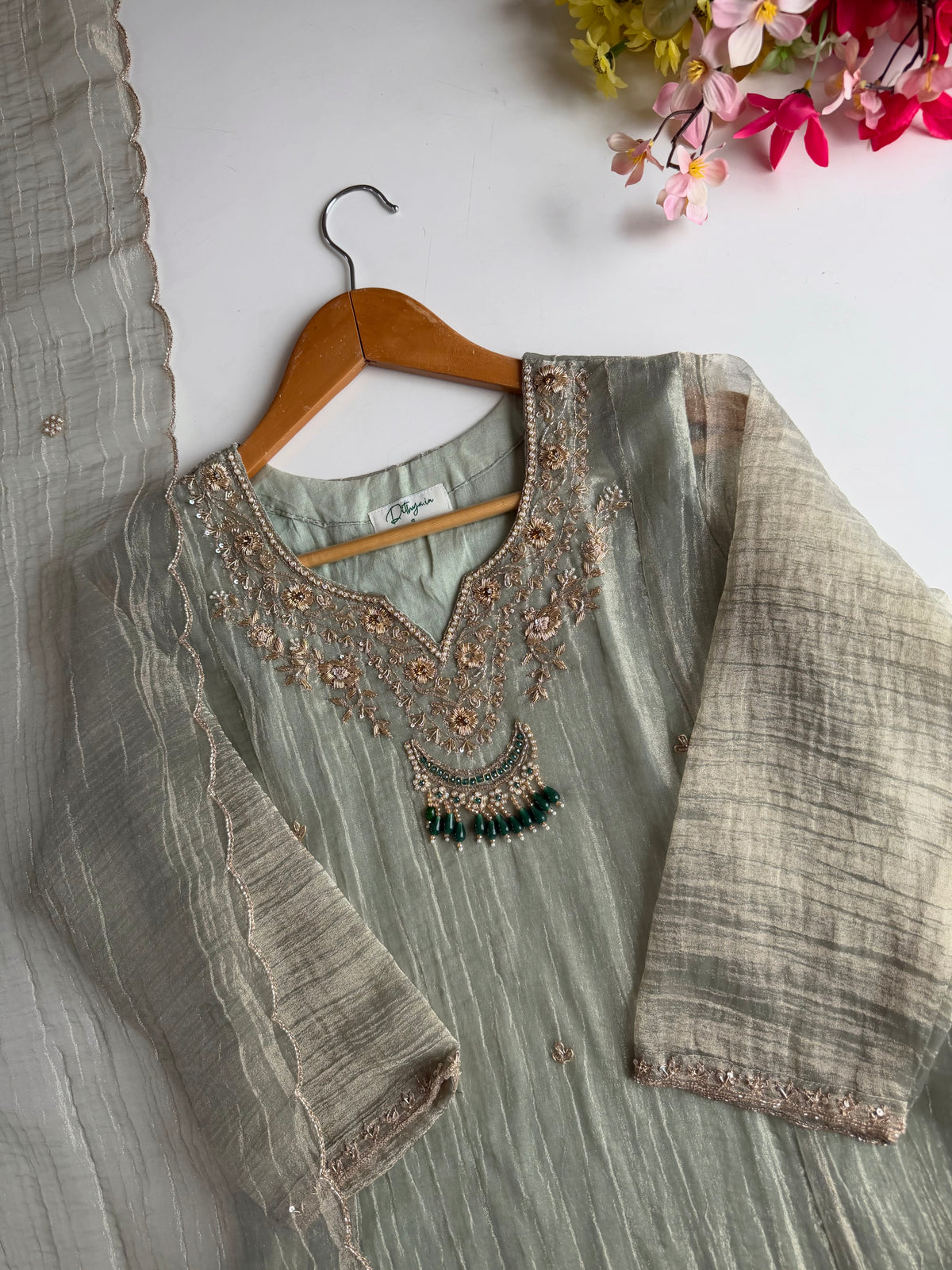 K247 - Crush tissue silk handwork aline Kurti with pants and dupatta