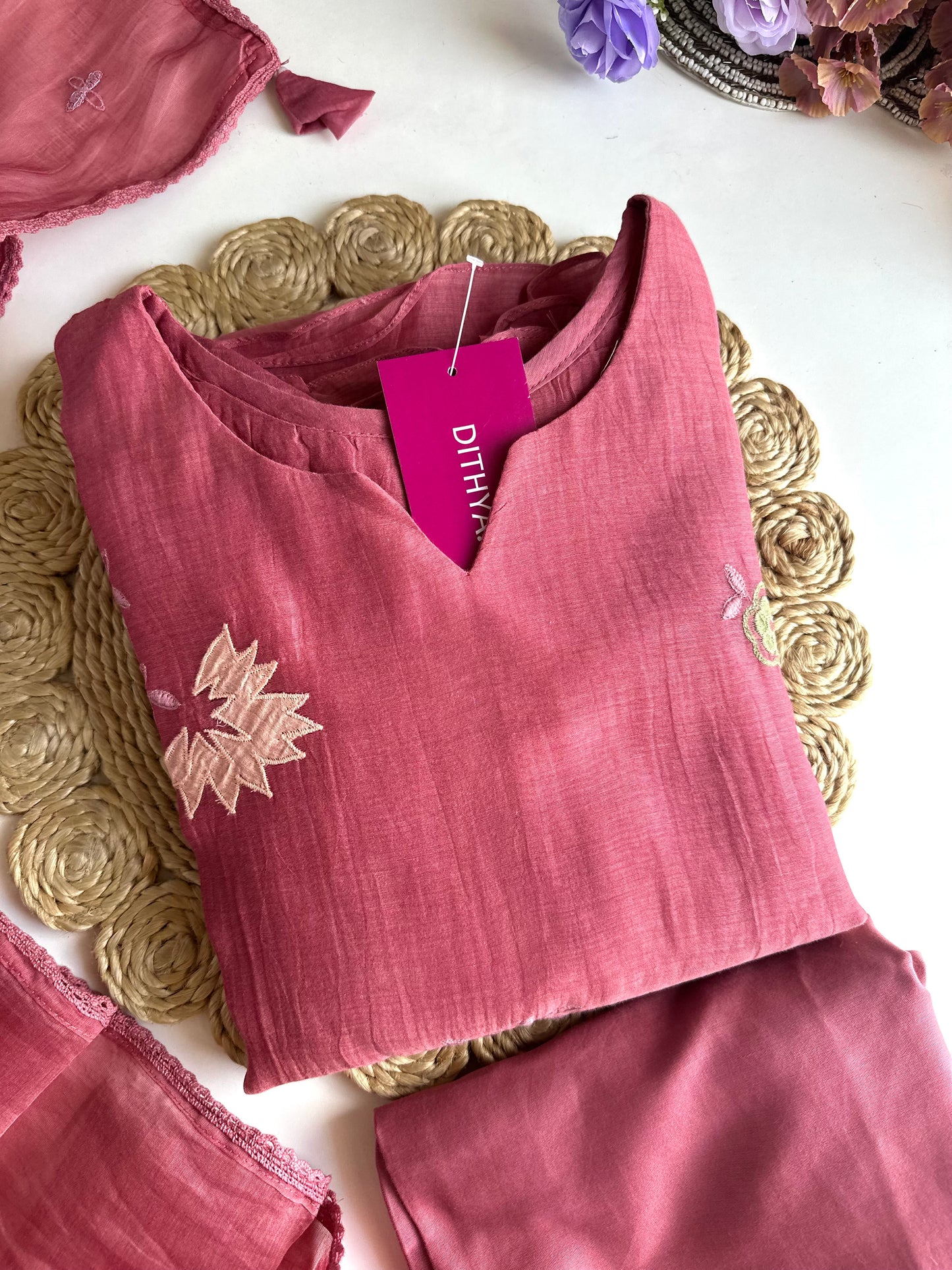 K030 - Mul Chanderi Appliqué work Aline Kurti with pants and dupatta