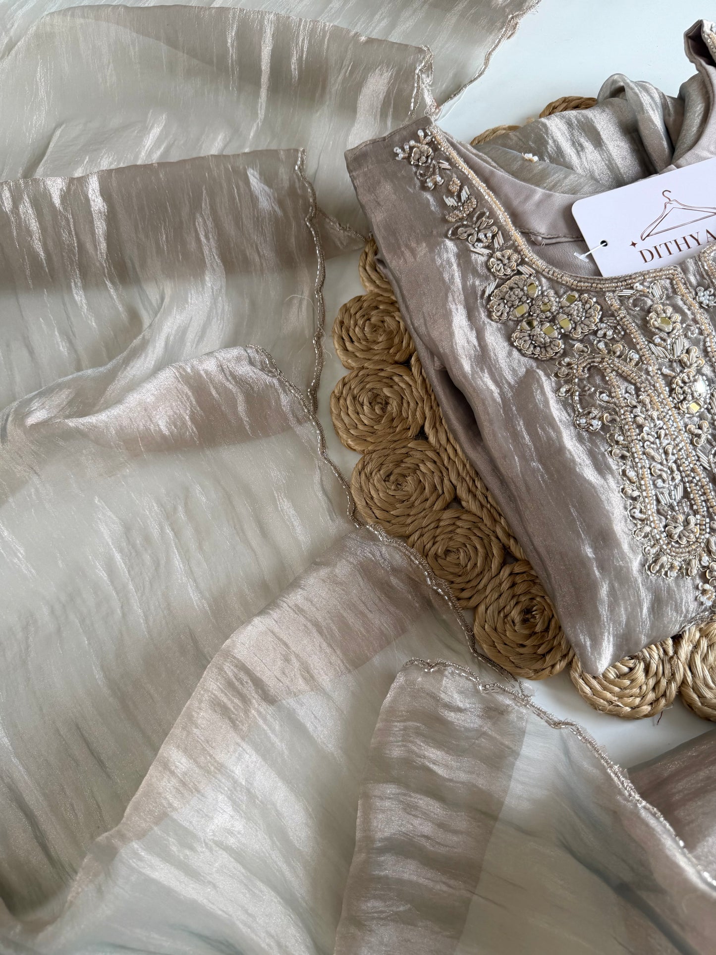 K600 - Glass tissue silk handwork aline Kurti with pants and dupatta