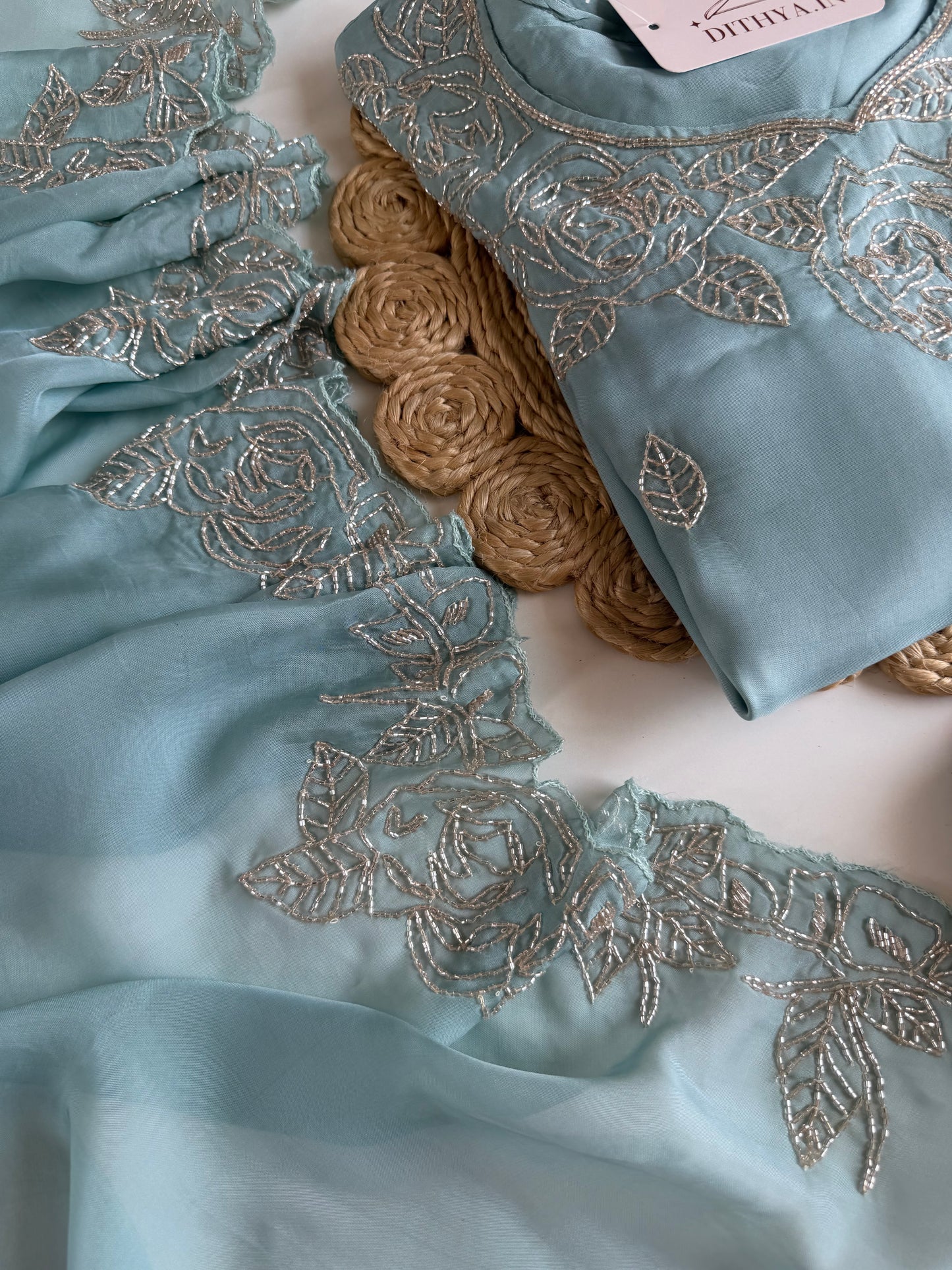 K425 - Soft viscose organza cutdhana work Aline Kurti with pants and dupatta