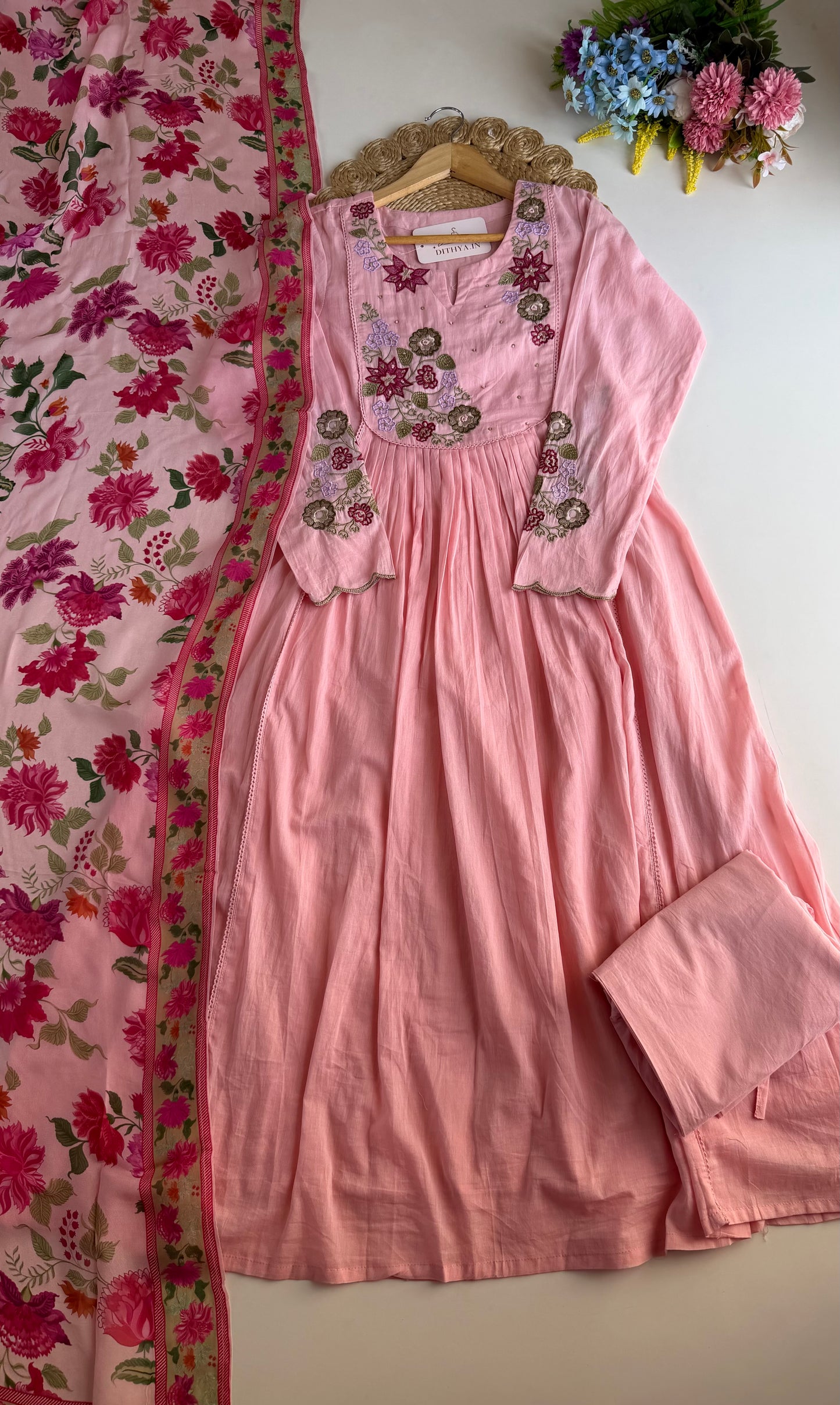 K089 - Mulmul cotton embroidered Anarkali with pants and dupatta