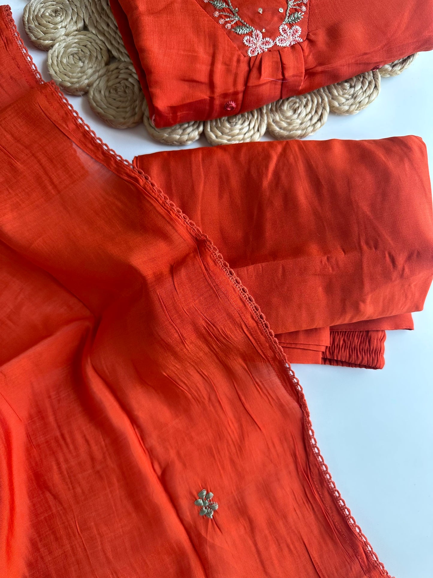 K466-Chanderi cotton Aline Kurti with pants and dupatta