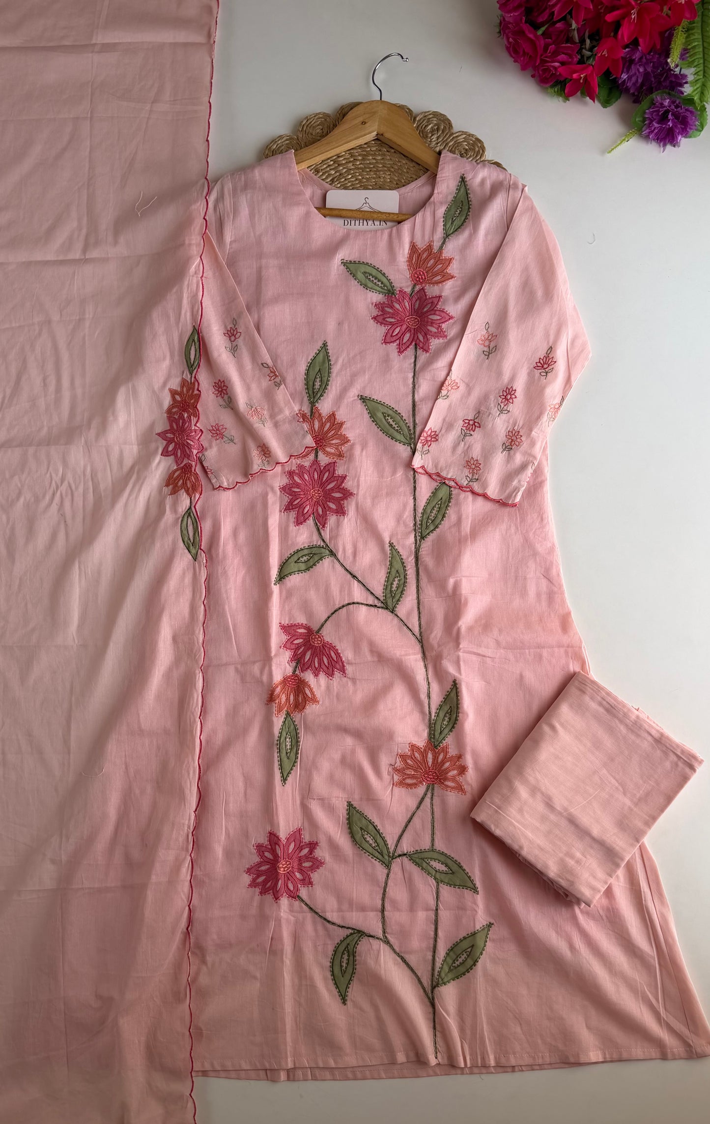 K732 - Mul cotton appliqué embroidered straight Kurti with pants and dupatta