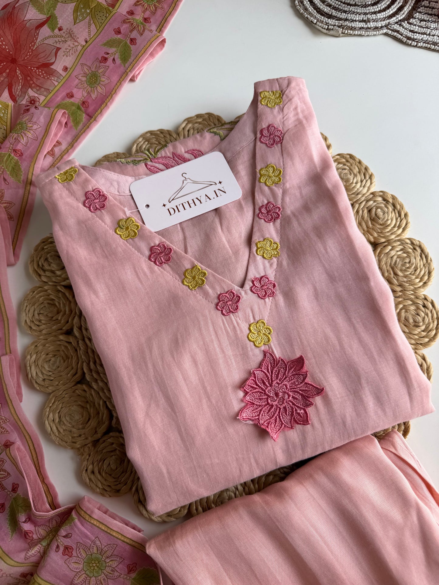 K227 - Mul cotton embroidered Aline Kurti with pants and dupatta