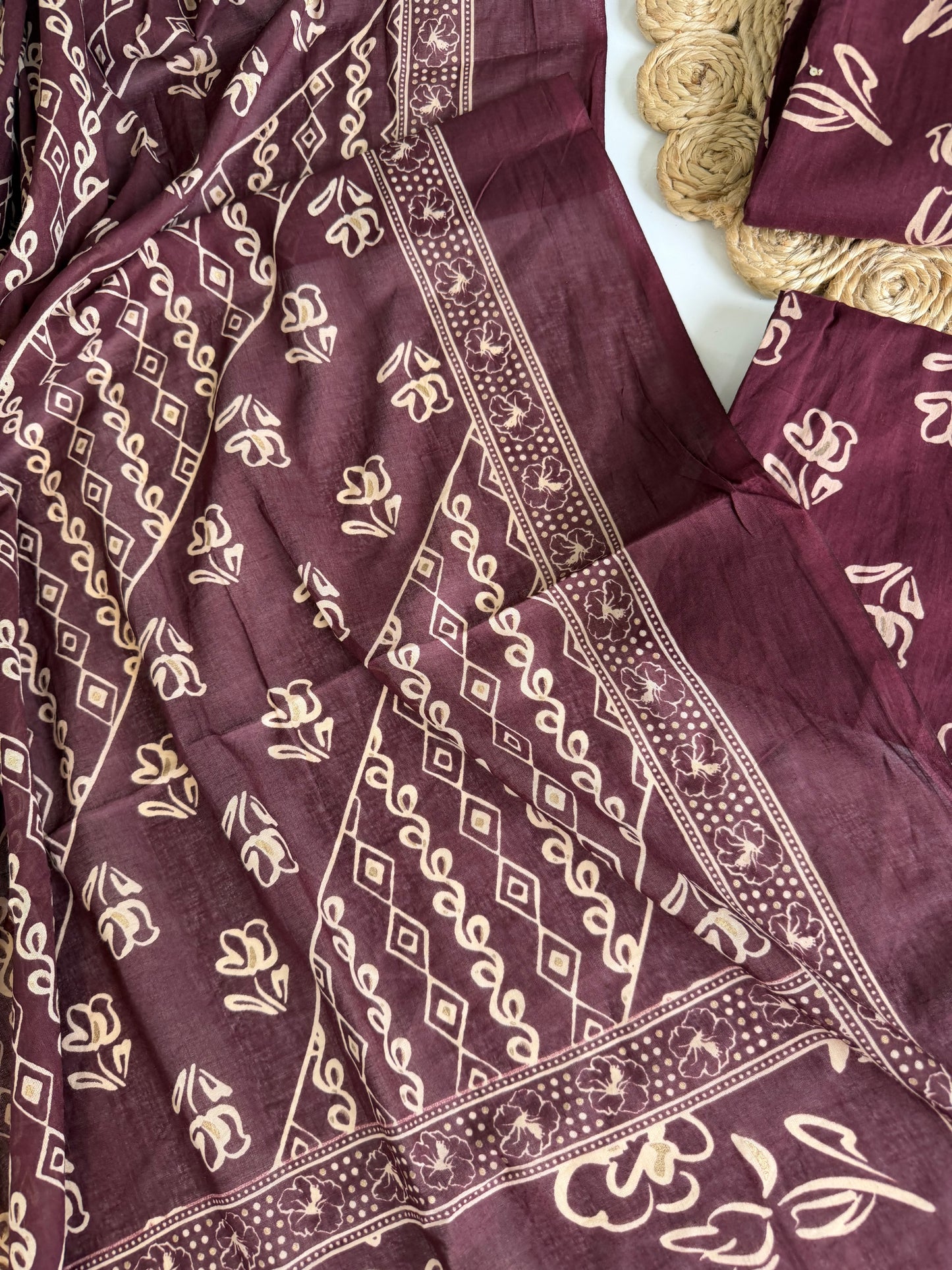 K647 - Mul cotton embroidered Aline Kurti with pants and dupatta