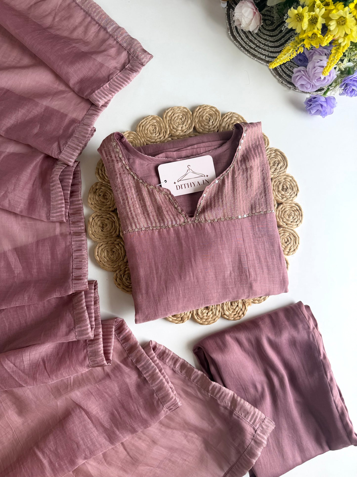 K166 - Mul chanderi zari Aline Kurti with pants and dupatta