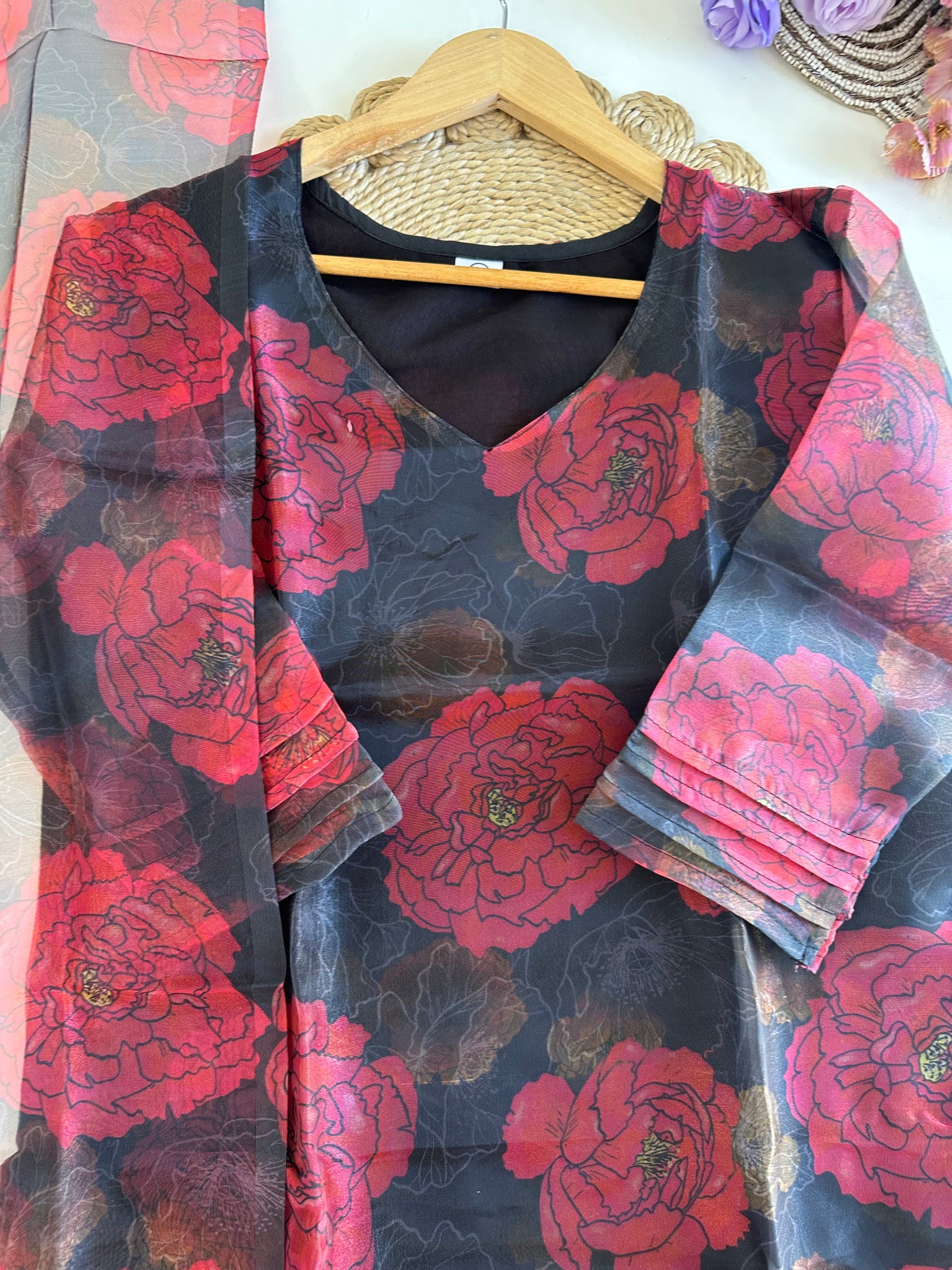 D376 - Organza Straight kurti with pants and dupatta