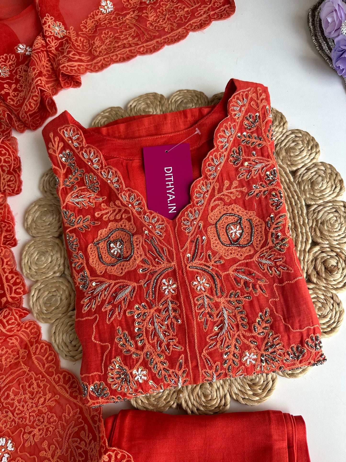 K141 - Mul Chanderi handwork Straight Kurti with pants and dupatta