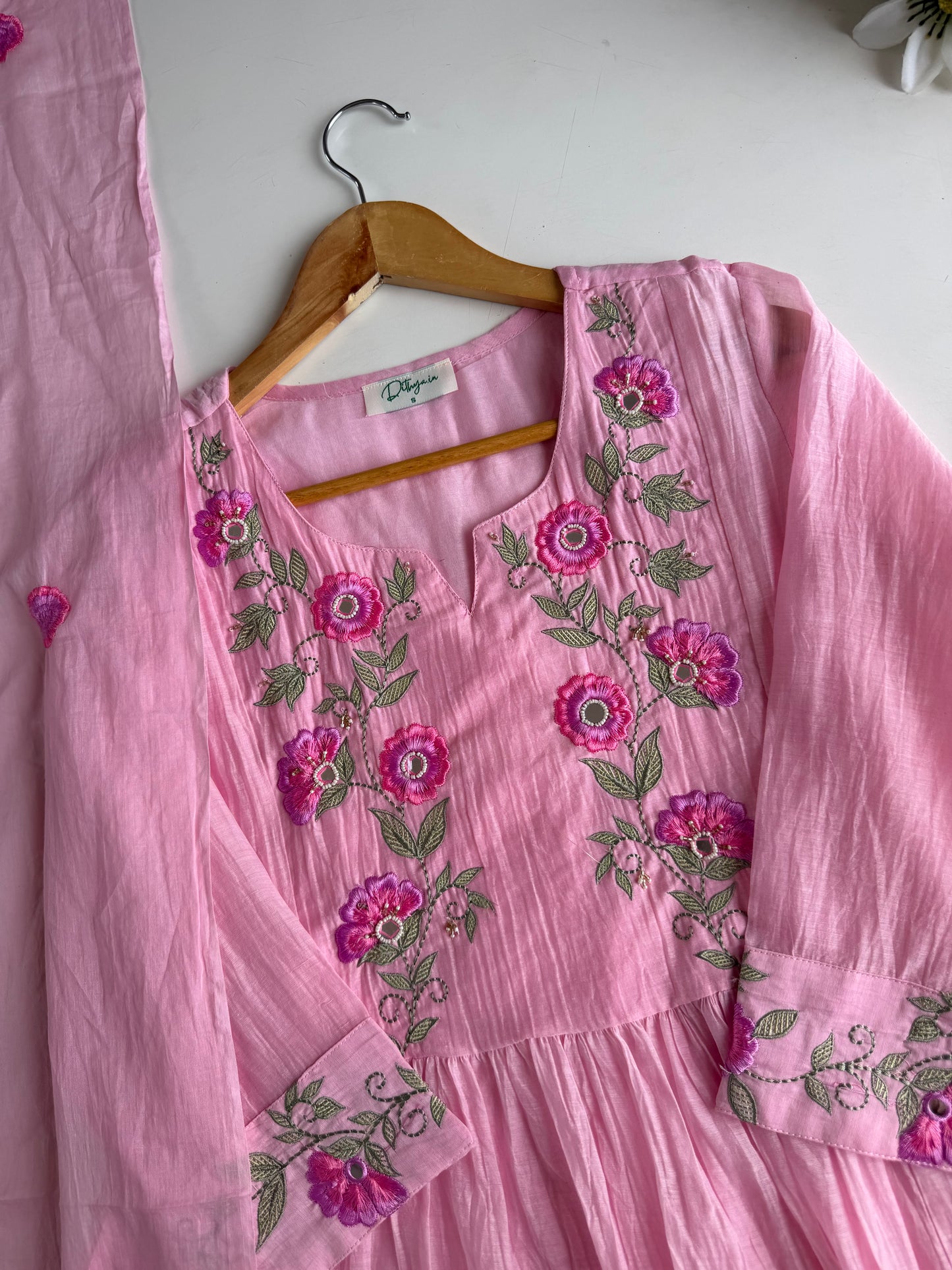 K237 - Mulmul cotton embroidered Anarkali with pants and dupatta in 2 colours