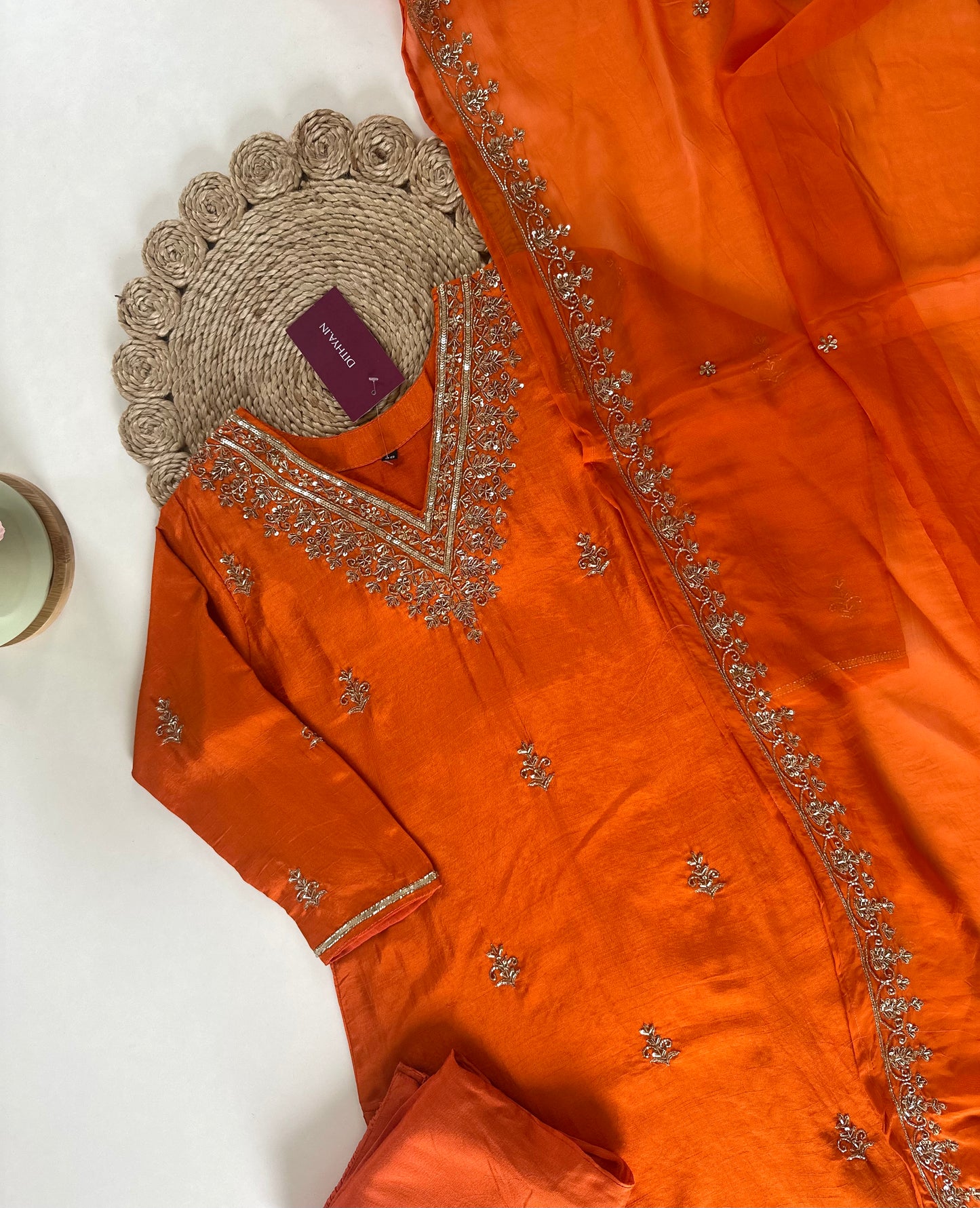 K304 - Handwork Russian silk Straight kurti with pants and dupatta .