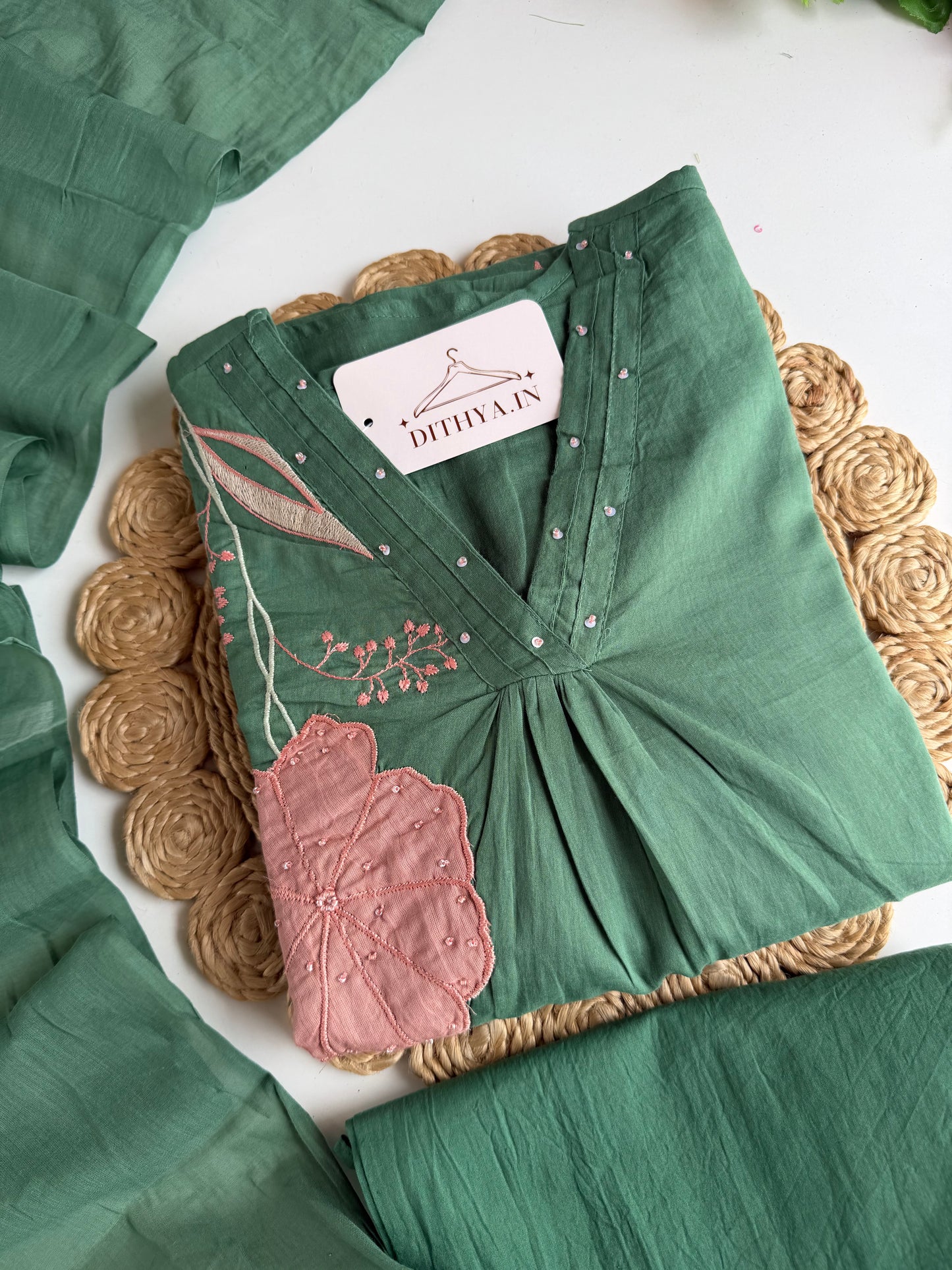 K372 - Mul cotton embroidered Aline Kurti with pants and dupatta