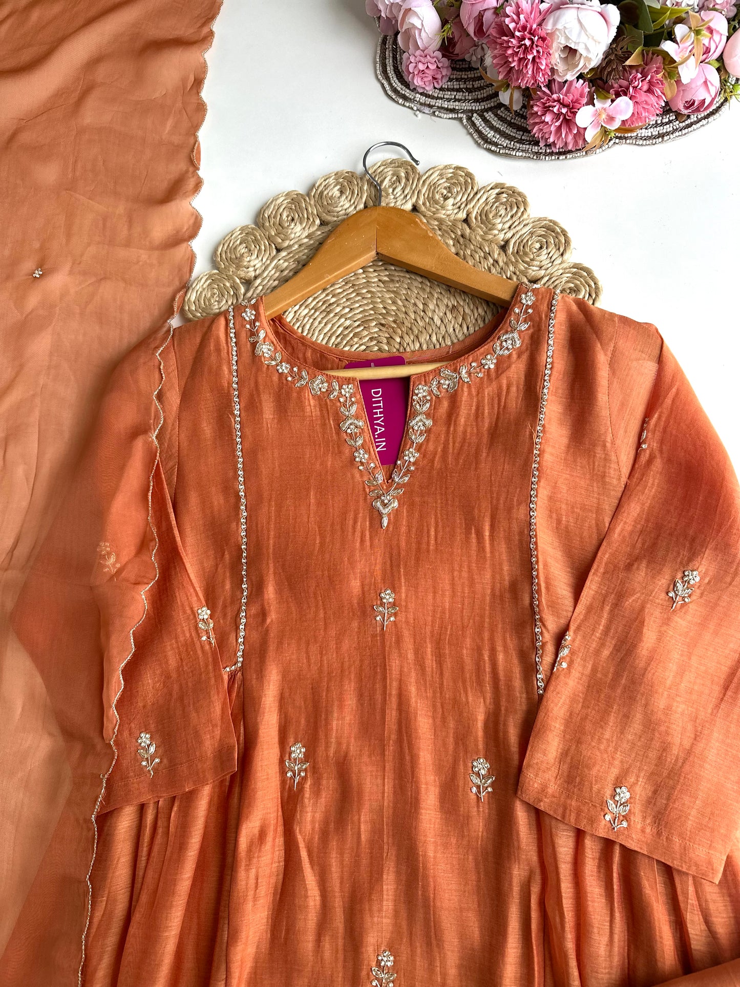 K160 - Mul Chanderi handwork Aline Kurti with pants and dupatta