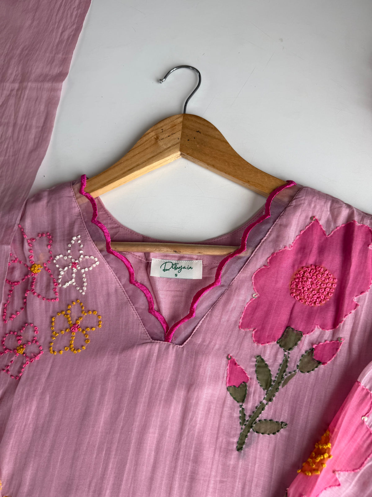 K262 - Mul chanderi hand painted embroidered Aline Kurti with pants and dupatta