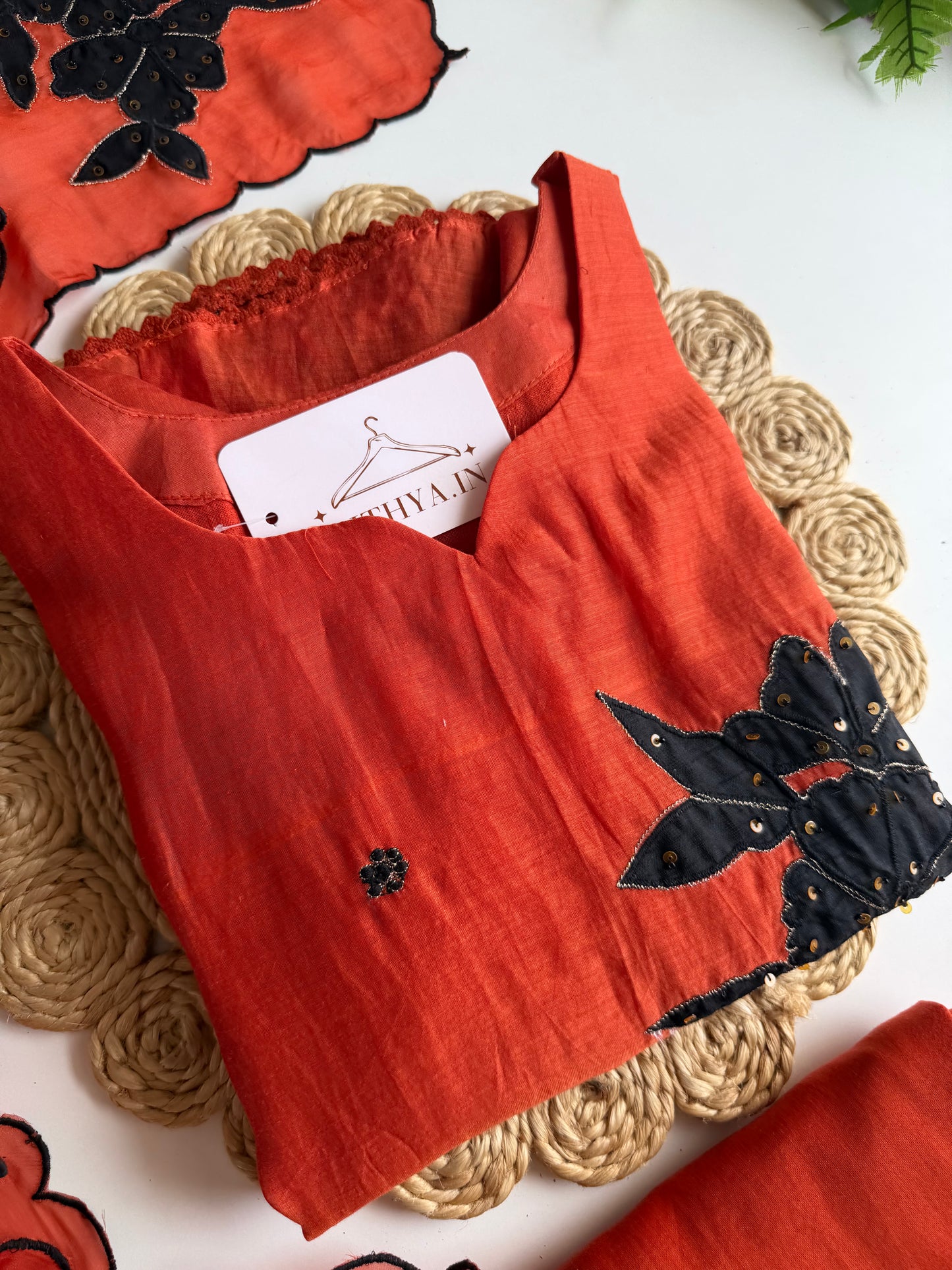 K391 - Mul chanderi handwork aline Kurti with pants and dupatta