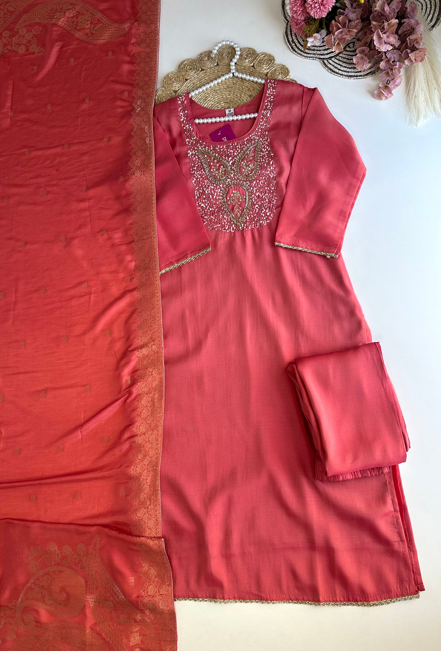 K456 - Roman silk handwork straight Kurti with pants and dupatta