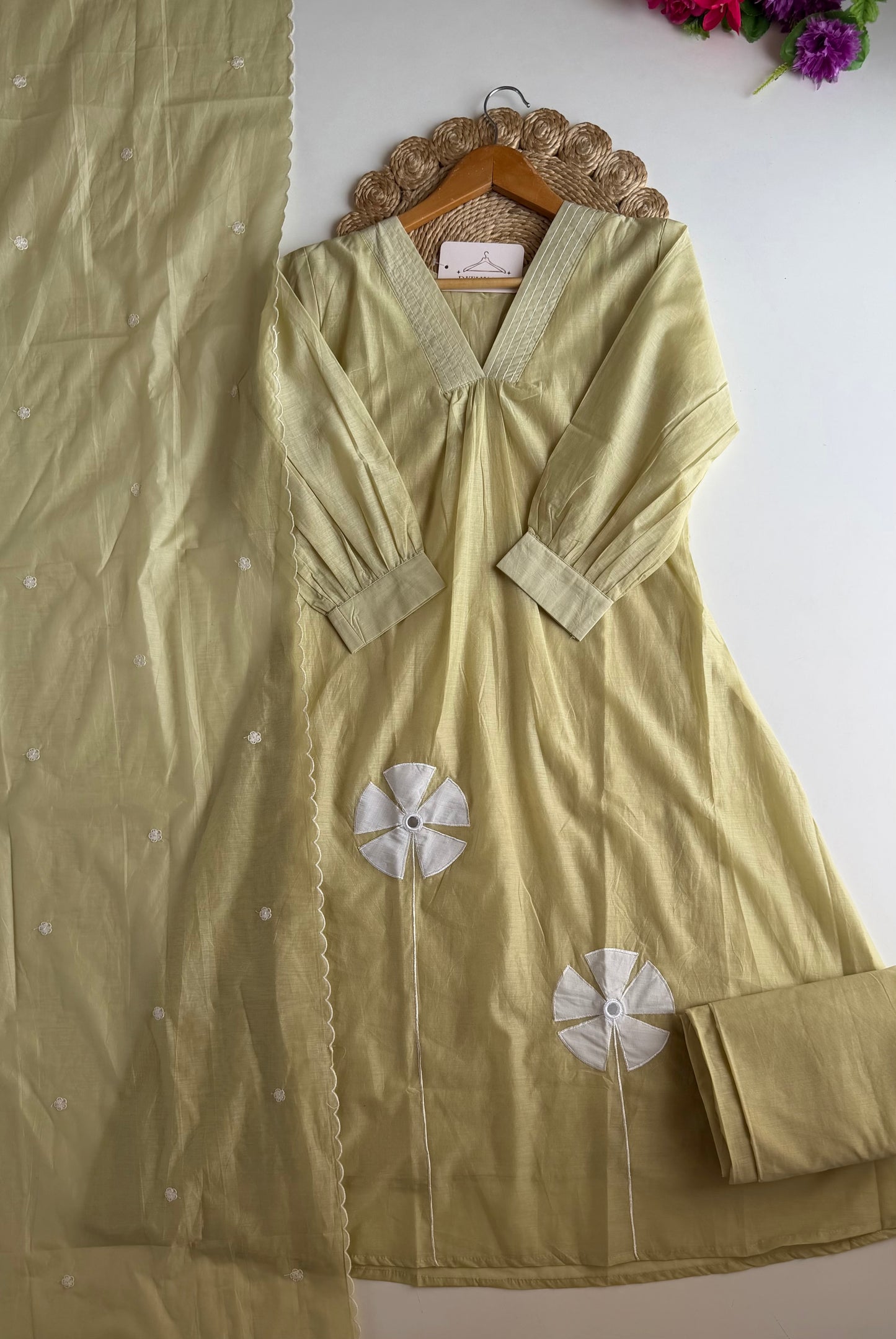 K036 - Crushed Surat Mul chanderi embroidered Aline Kurti with pants and dupatta in 2 colours