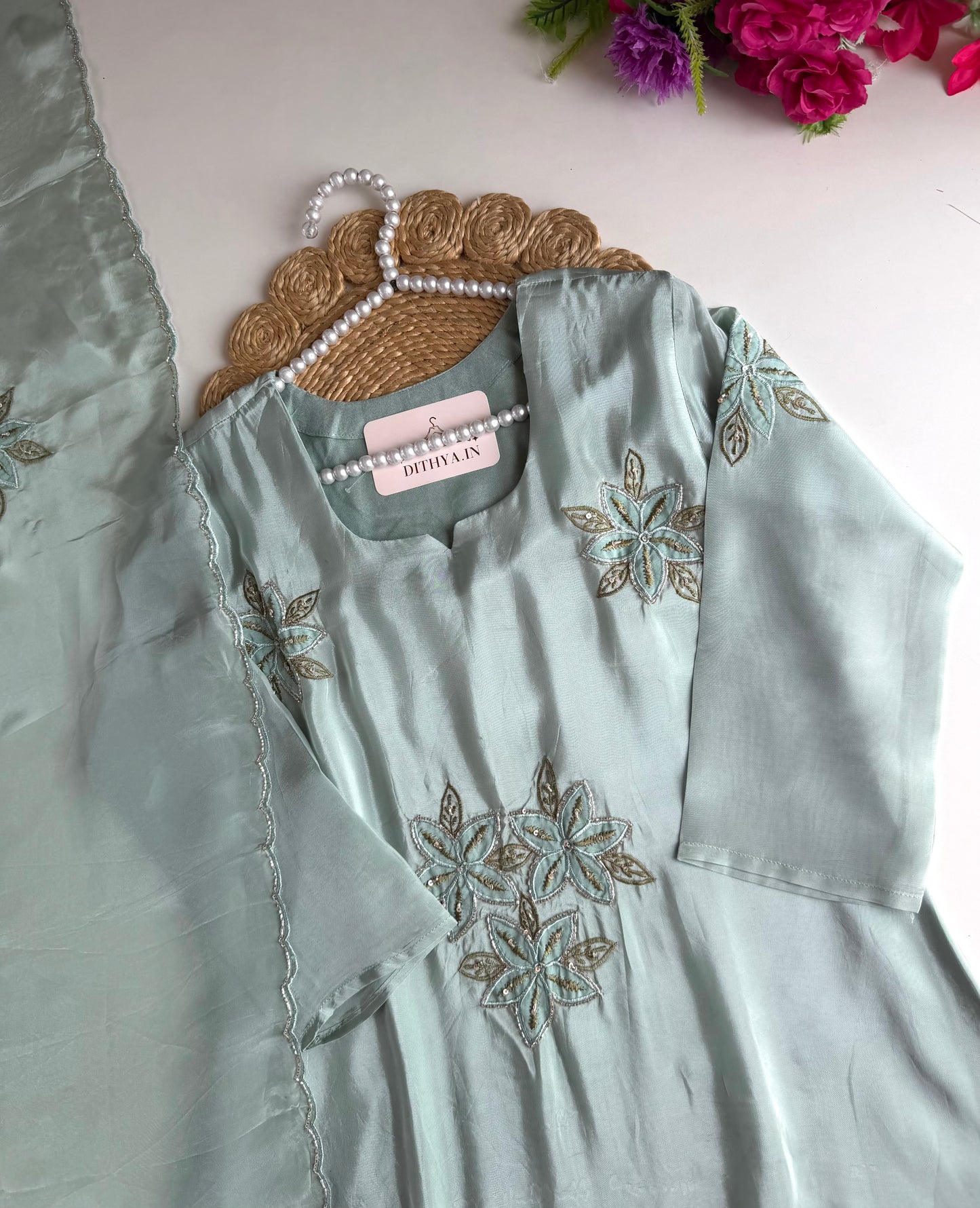 K708 - Pure crape handwork aline Kurti with pants and dupatta