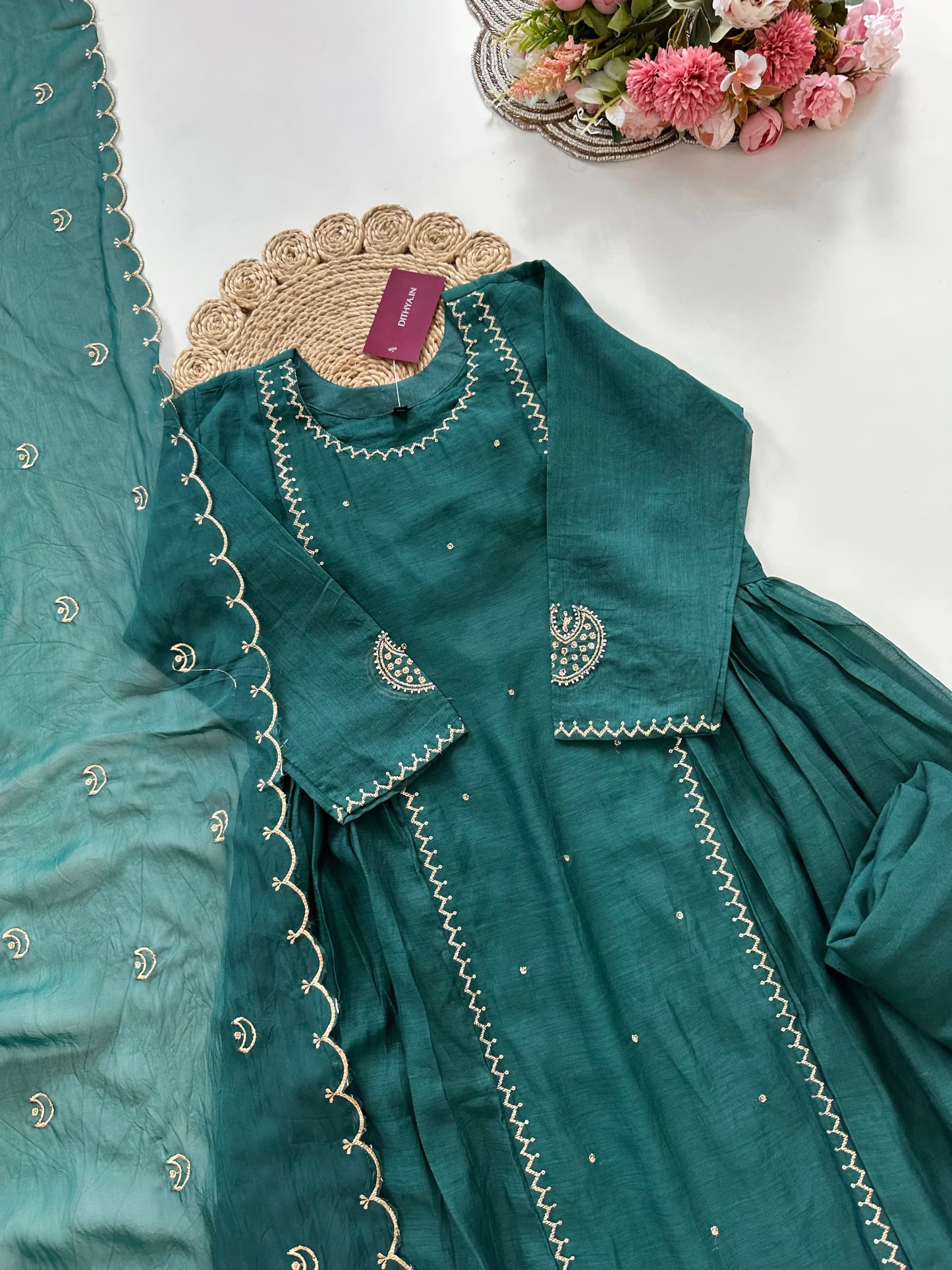 K091 - Mul Chanderi Zari work Anarkali with pants and dupatta in 2 colours