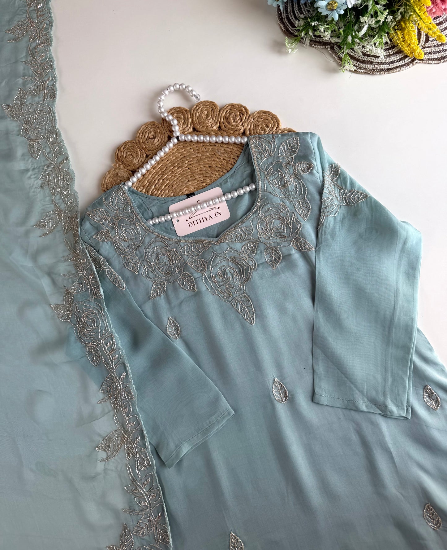 K425 - Soft viscose organza cutdhana work Aline Kurti with pants and dupatta