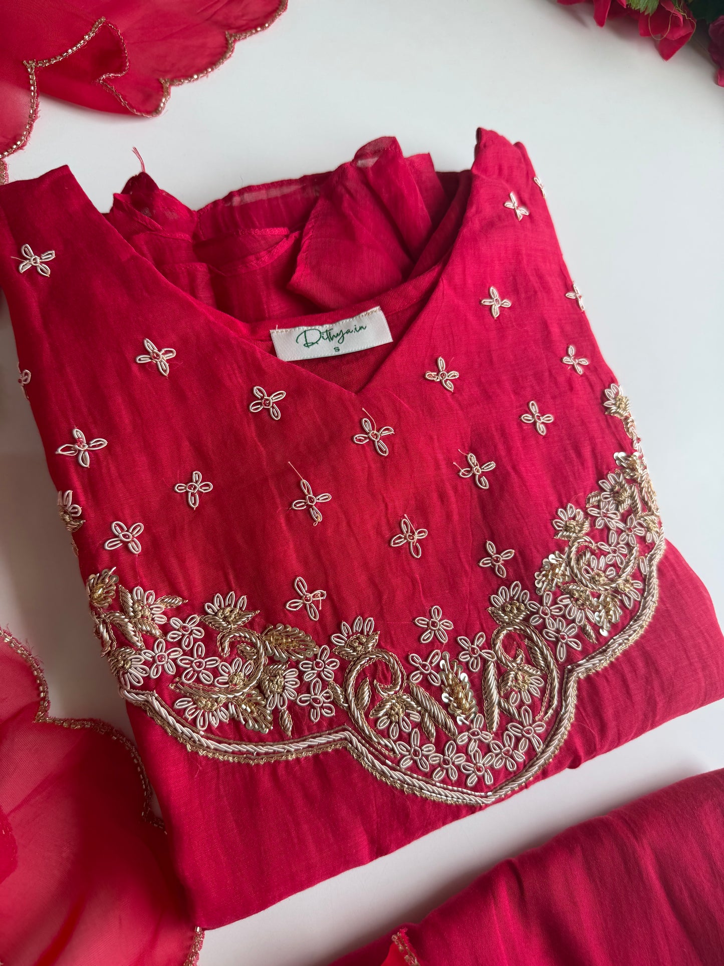 K328 - Mul chanderi handwork aline Kurti with pants and dupatta in 2 colours