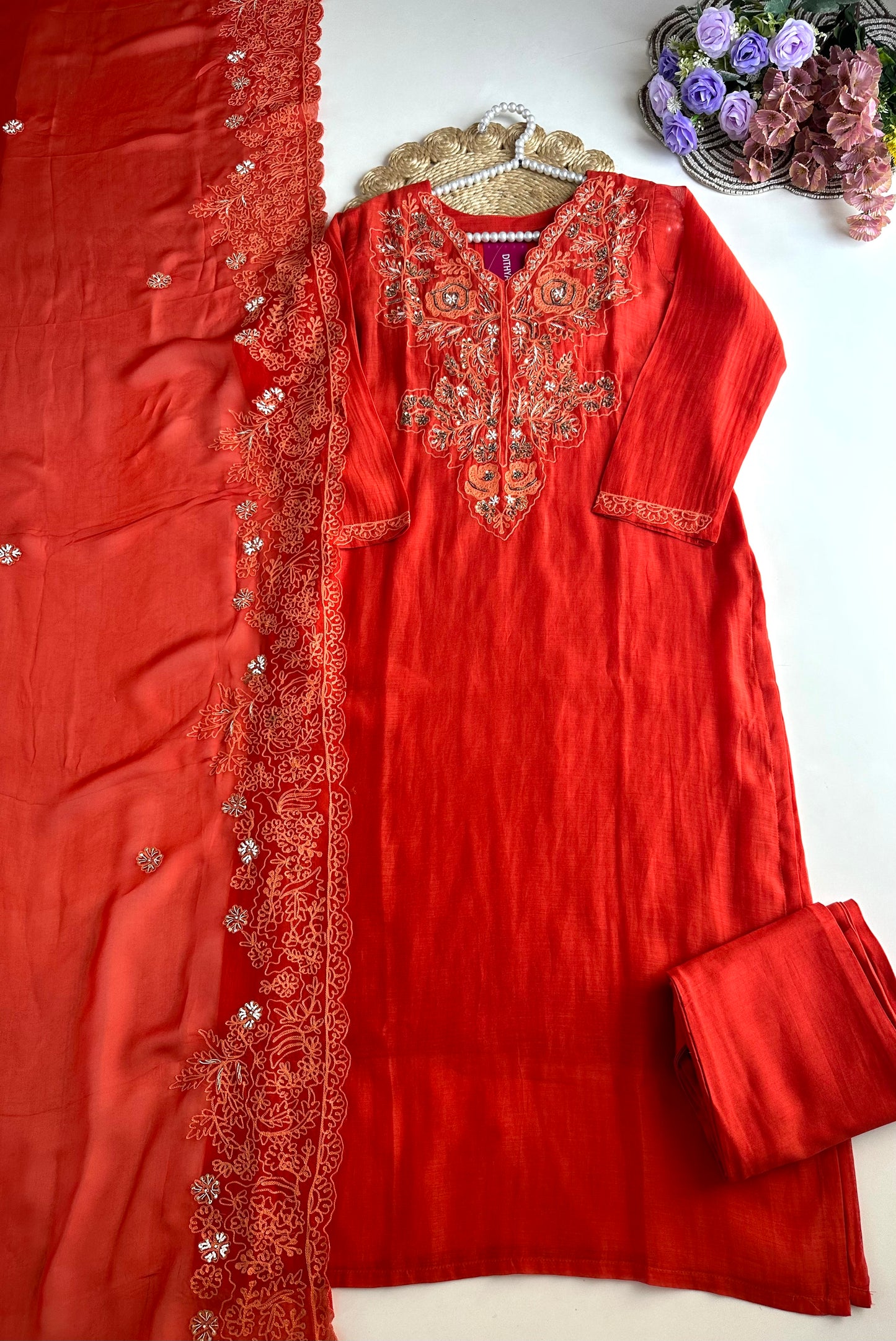 K141 - Mul Chanderi handwork Straight Kurti with pants and dupatta