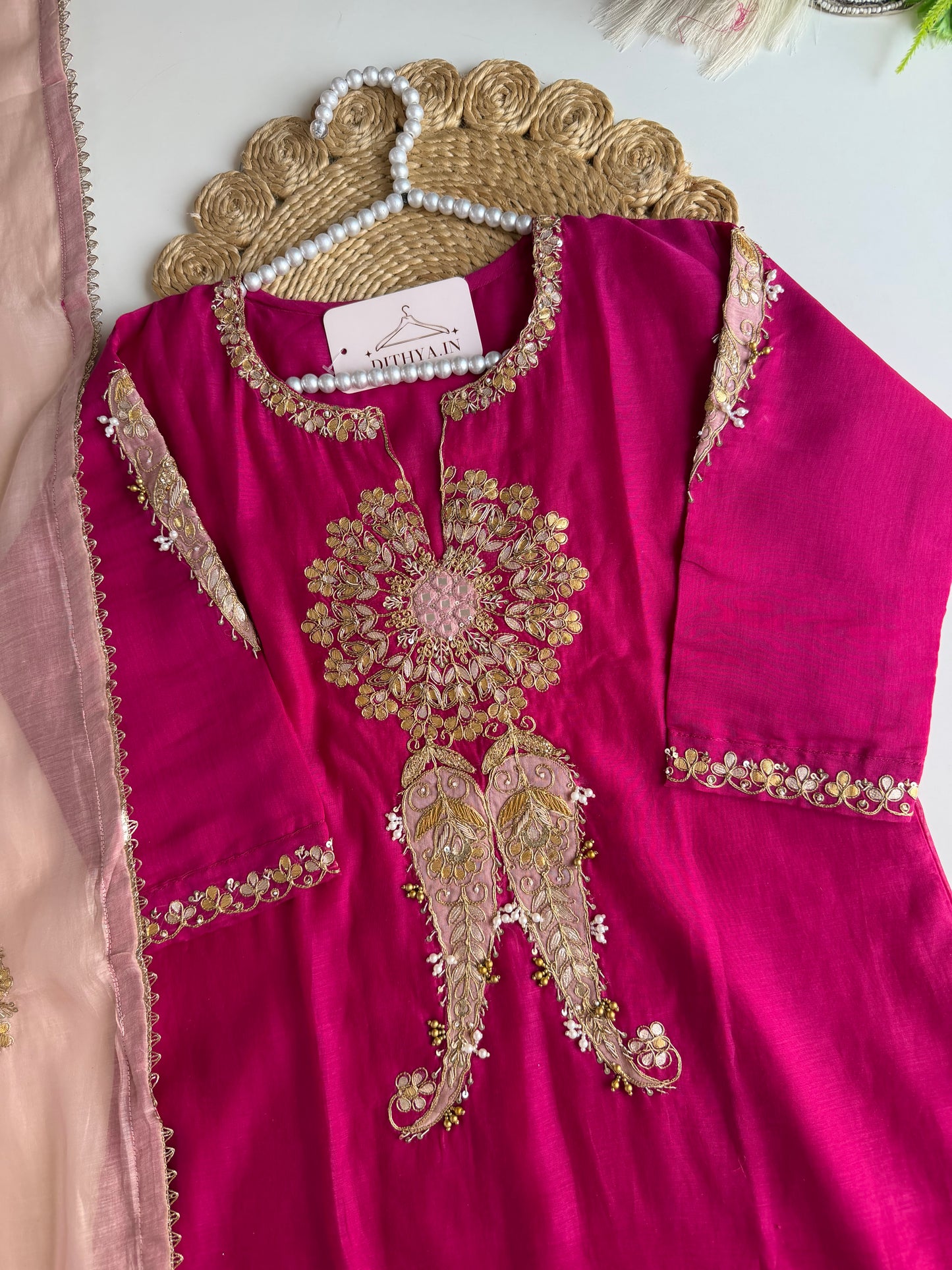 K584 - Mul chanderi gota work straight Kurti with pants and dupatta