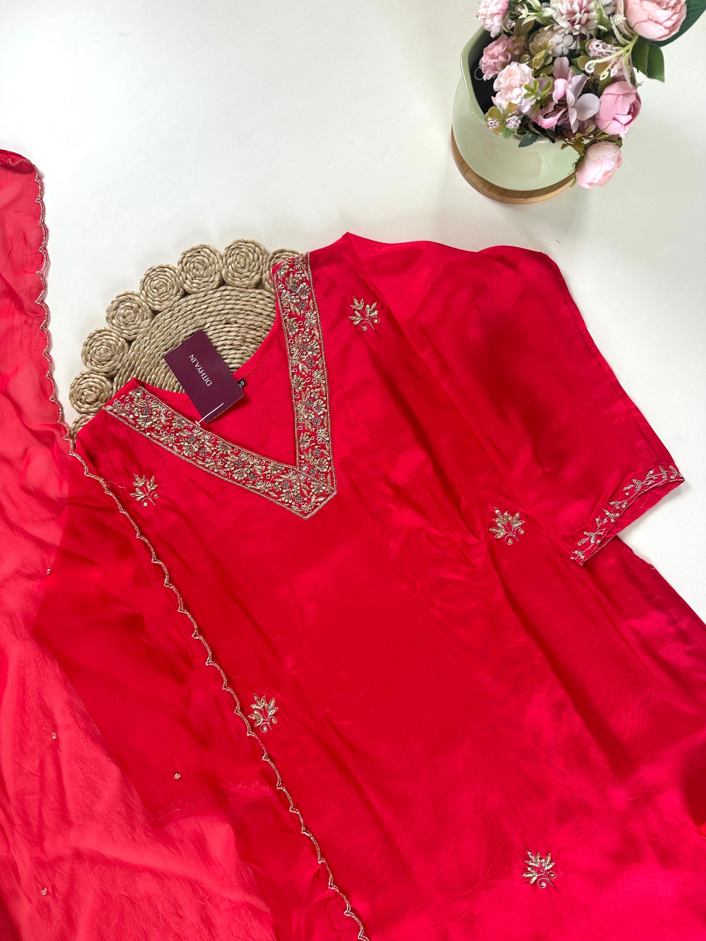 K141 - Dola silk handwork straight kurti with pants and organza dupatta .