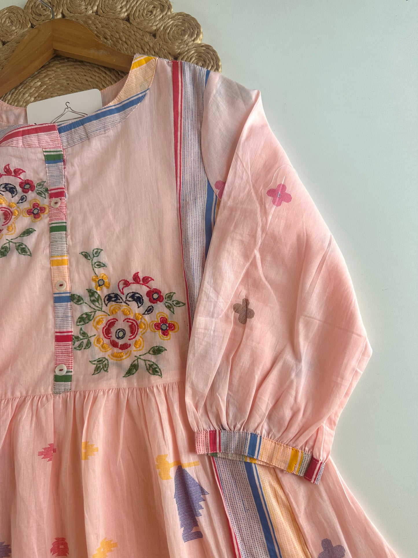 K220 - Mul cotton embroidered Anarkali with pants and dupatta
