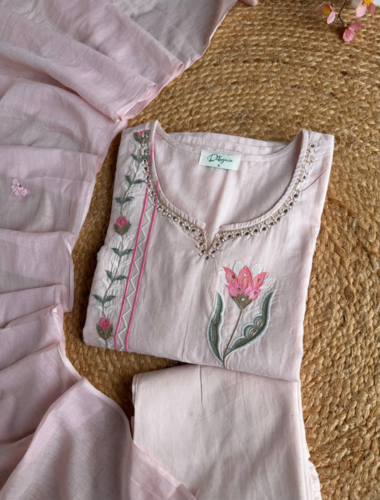 K296 - Mul cotton floral embroidered straight Kurti with pants and dupatta