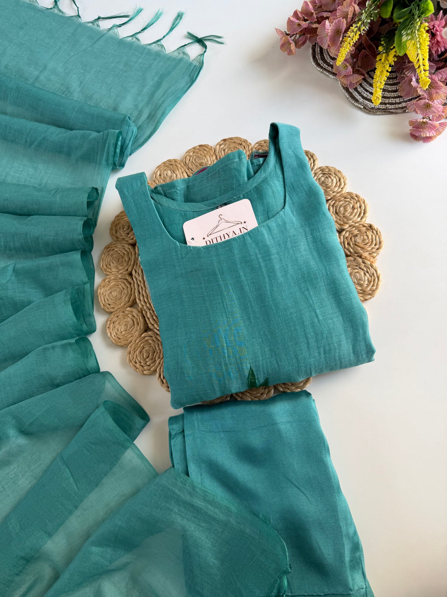 K251 - Mul chanderi appliqué work aline Kurti with pants and dupatta