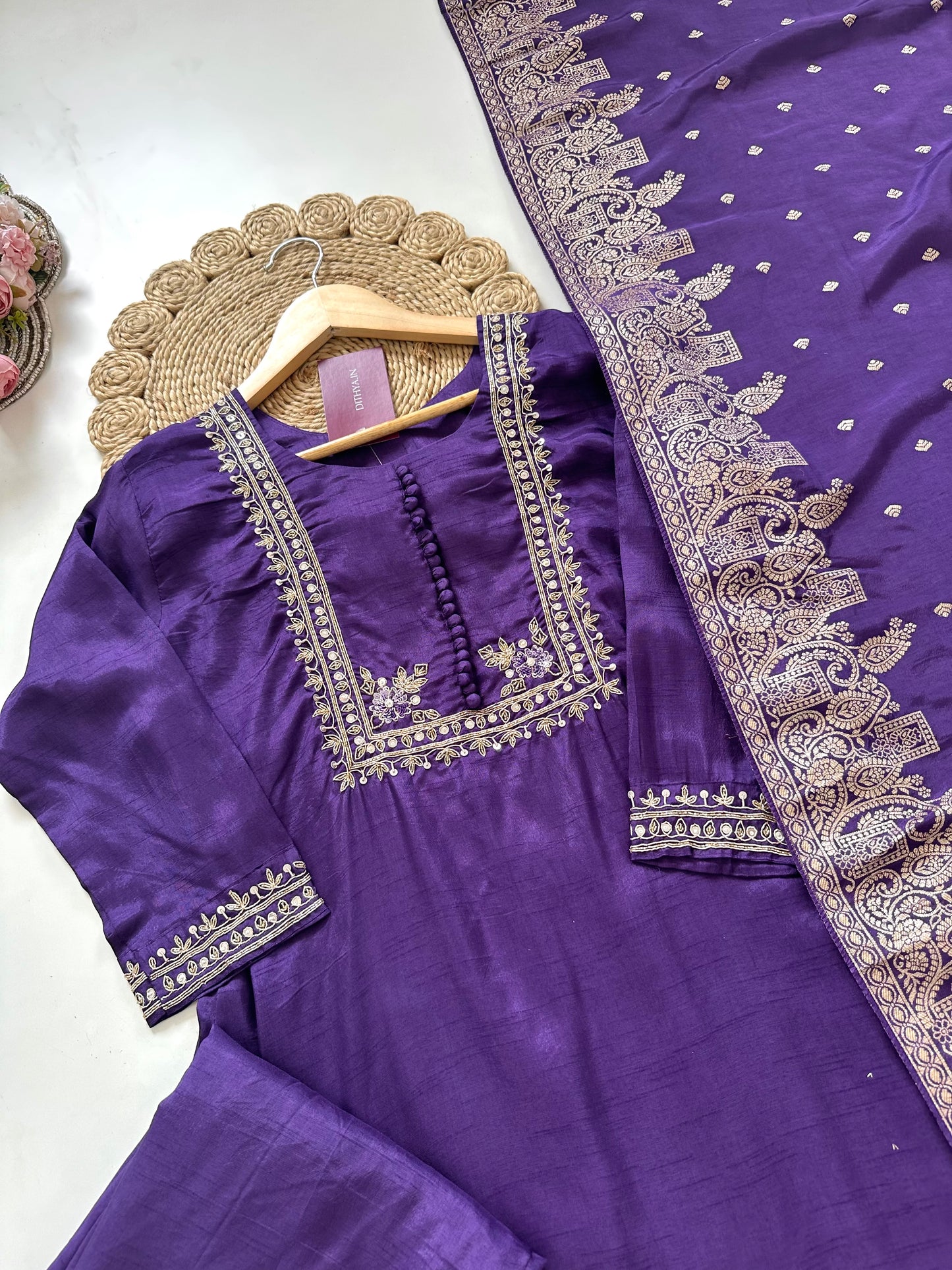 K374-Russian silk Zari work Aline Kurti with pants and dupatta .