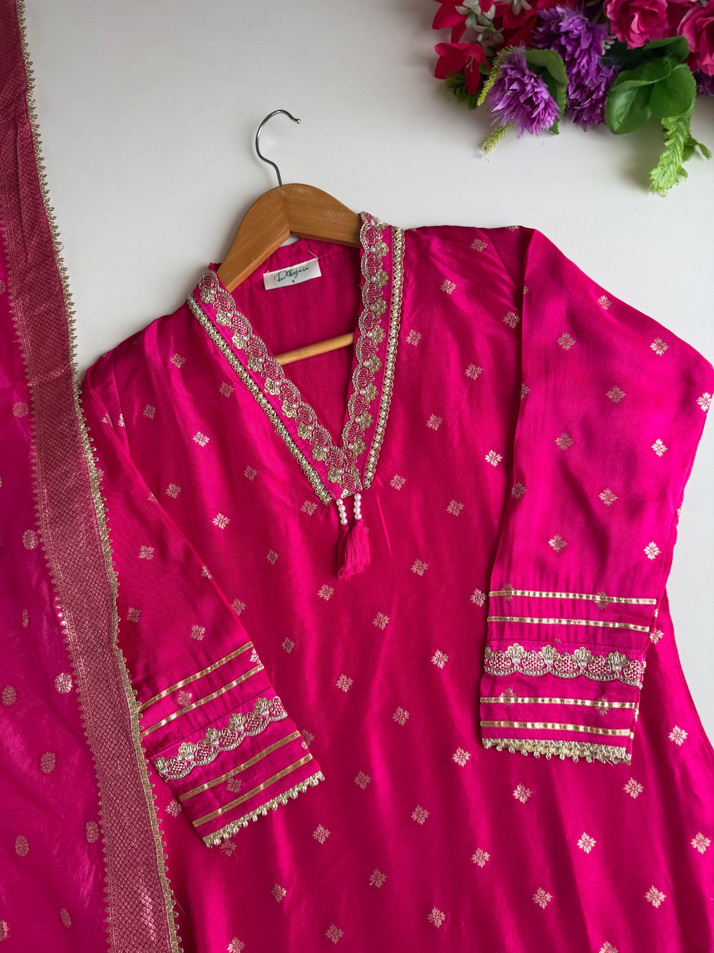 K519 - Jacquard silk straight Kurti with pants and dupatta in 2 colours